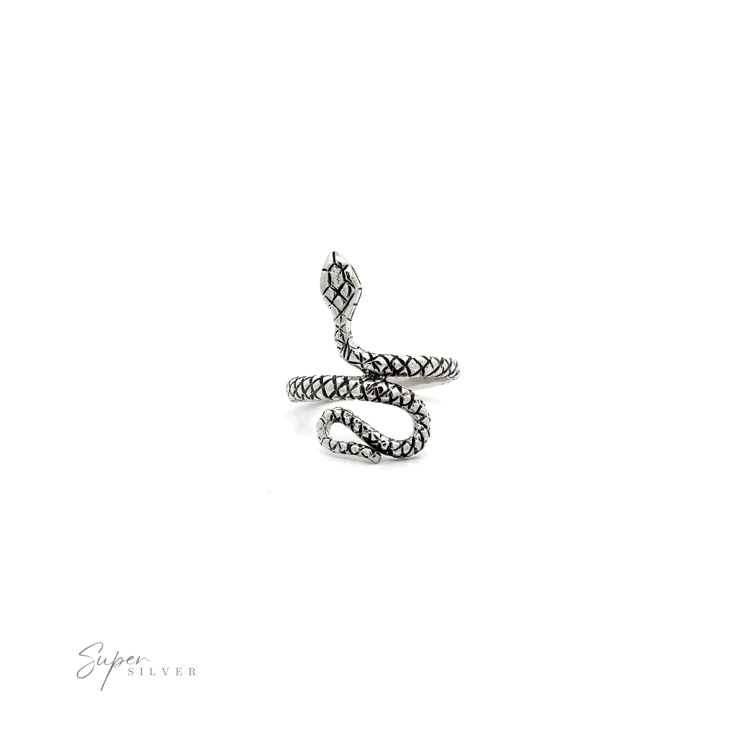 A textured winding snake ring with intricate patterns, displayed on a white background with the watermark "super silver.