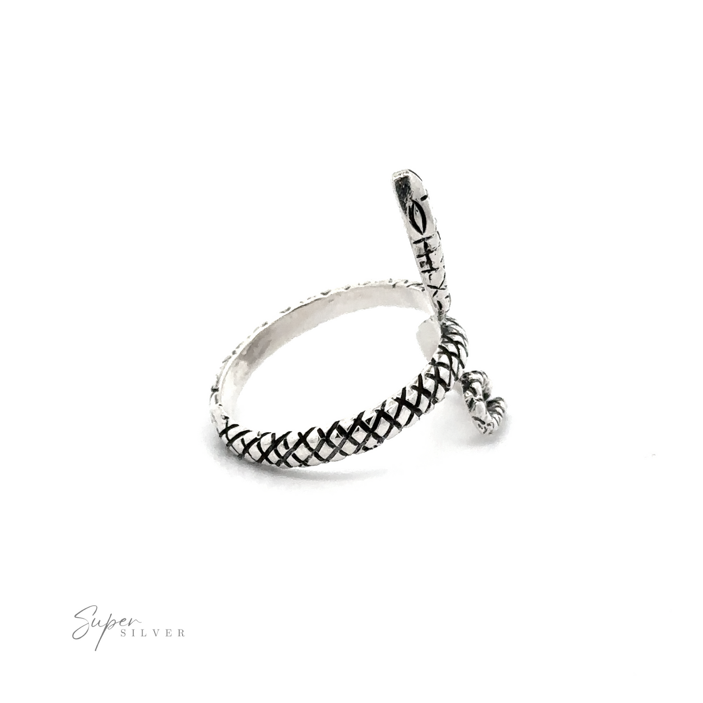 Textured Winding Snake Ring with a loop detail, placed on a white background with the text "sterling silver.