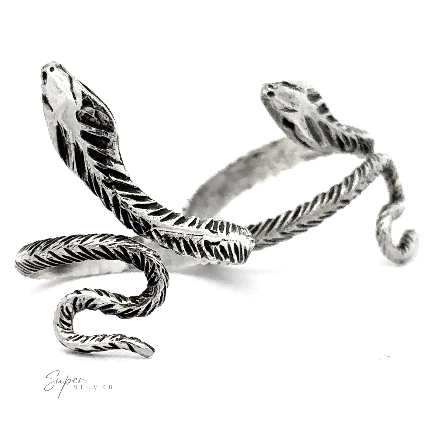 .925 Sterling Silver Slender Adjustable Snake Ring with a detailed pattern, shaped to wrap around the wrist, with the head and tail curved outward.