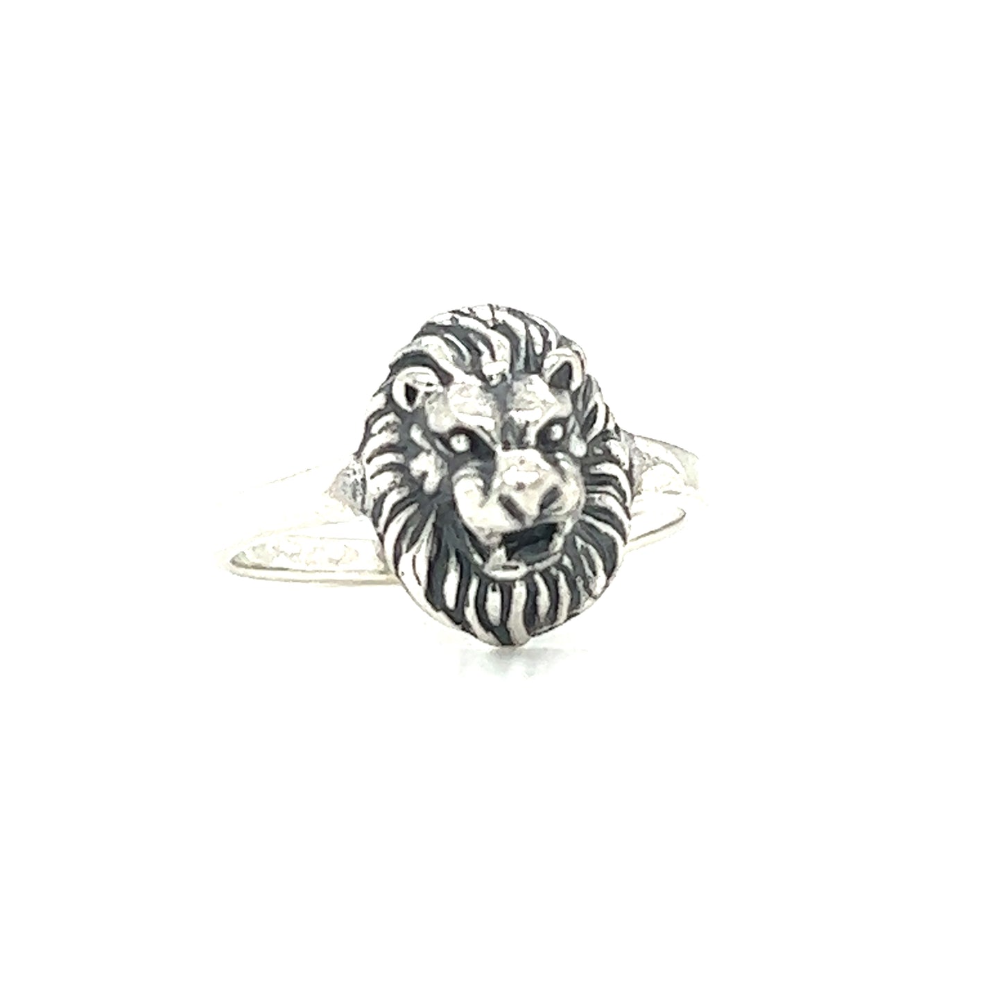 A Lion Face Ring in silver by Super Silver on a white background that exudes authority.