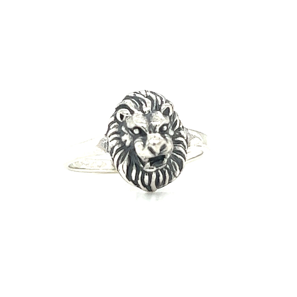 A Lion Face Ring in silver by Super Silver on a white background that exudes authority.