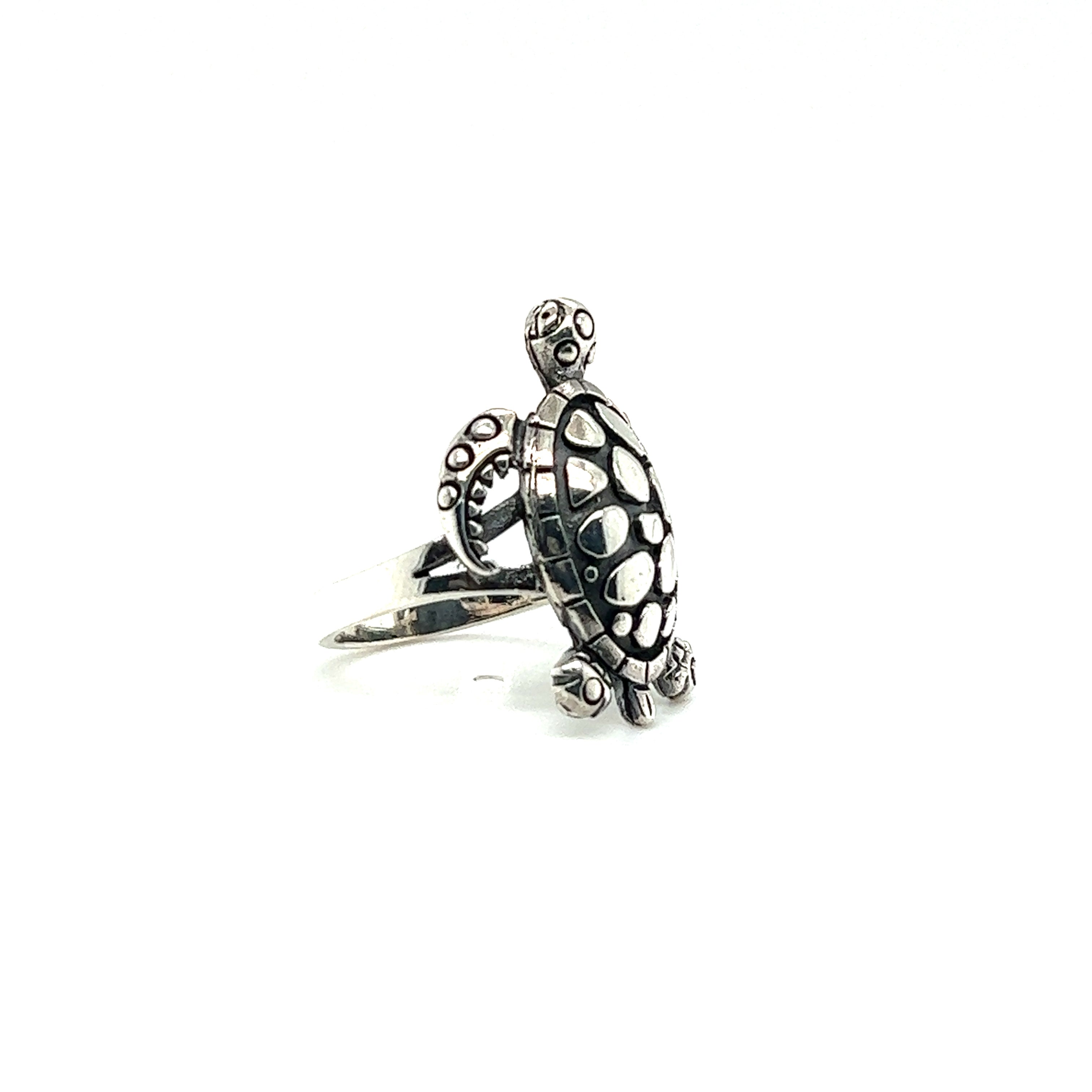 A boho silver Large Sea Turtle cuff ring on a white background.