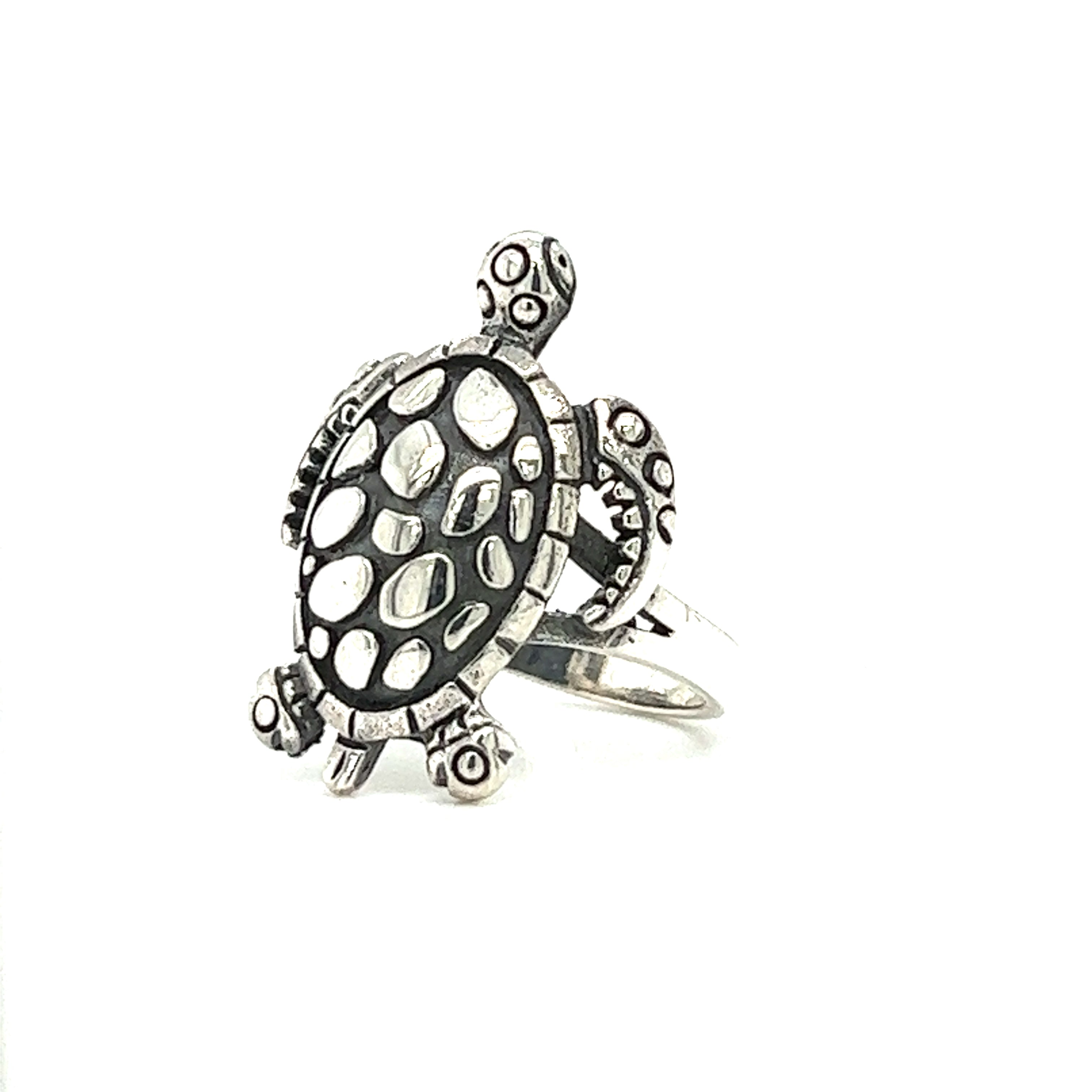 A Large Sea Turtle Ring with a reptile motif on a white background.