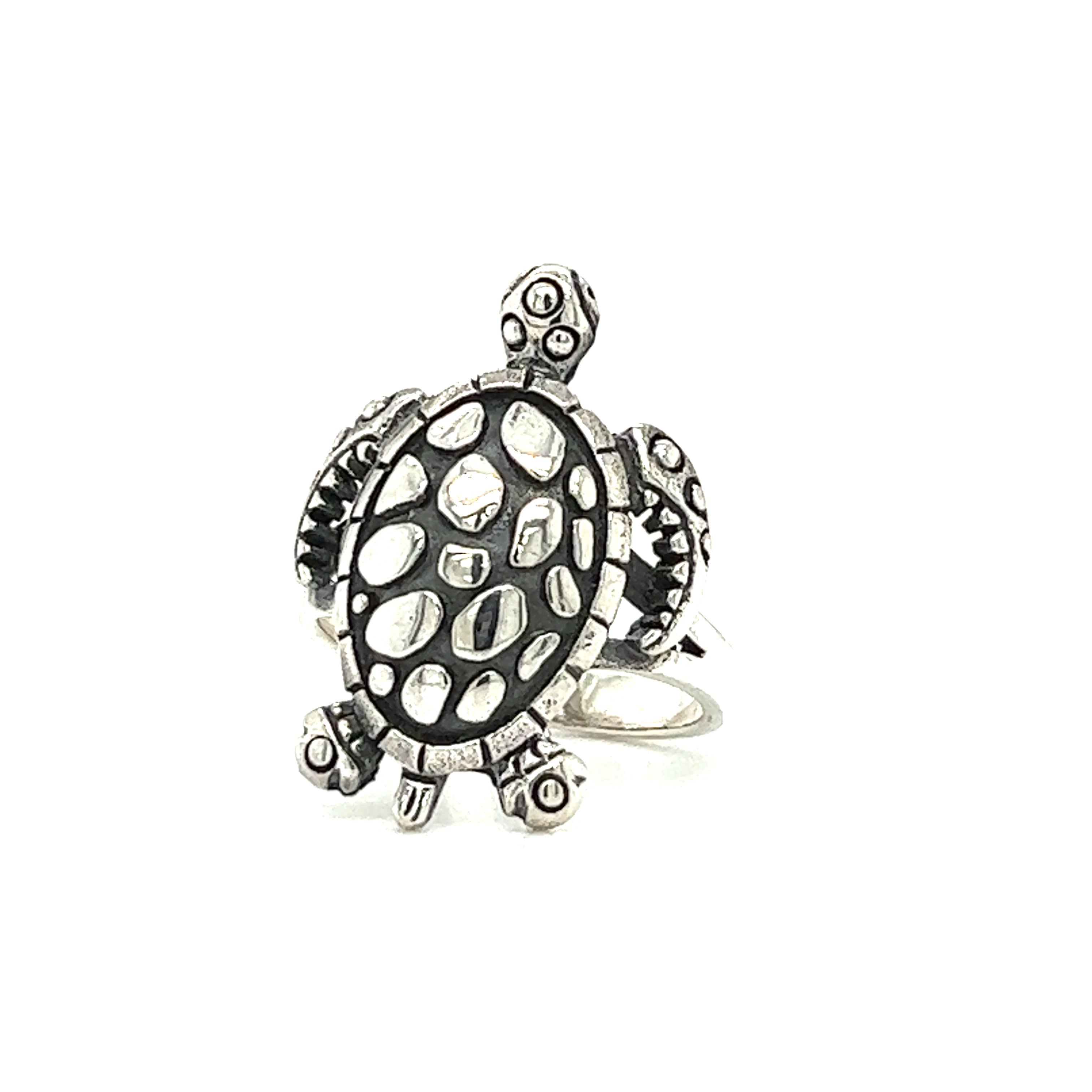 A Large Sea Turtle Ring on a white background, inspired by the reptiles found in Santa Cruz.