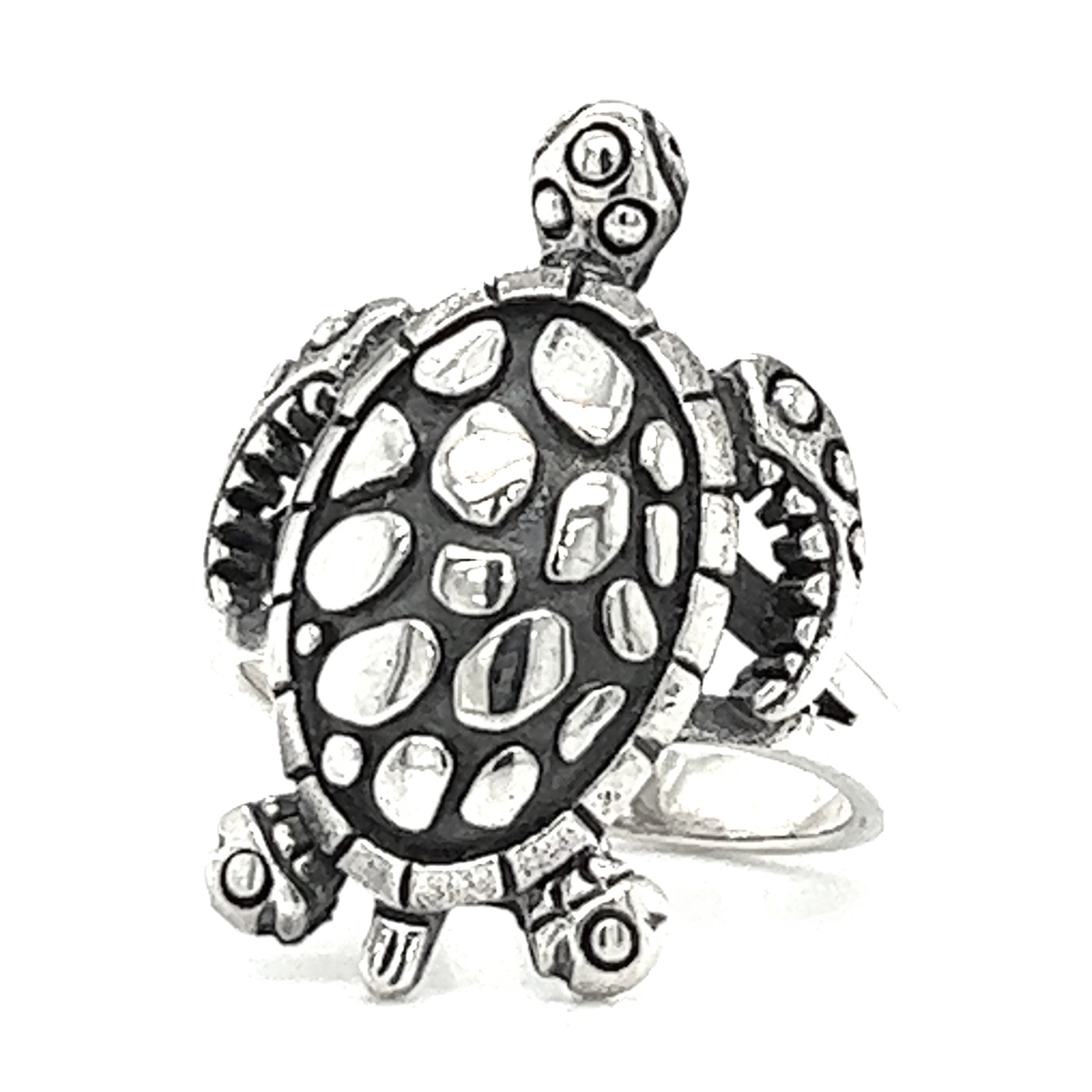 A sterling silver Large Sea Turtle Ring on a white background.