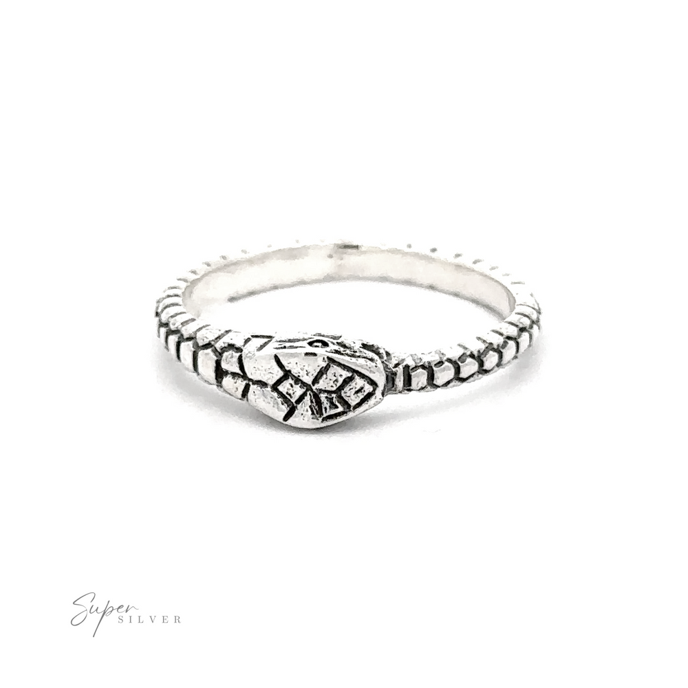 Ouroboros Ring crafted from .925 sterling silver, featuring a twisted band and a hexagonal setting with an engraved ouroboros design, displayed against a white background.