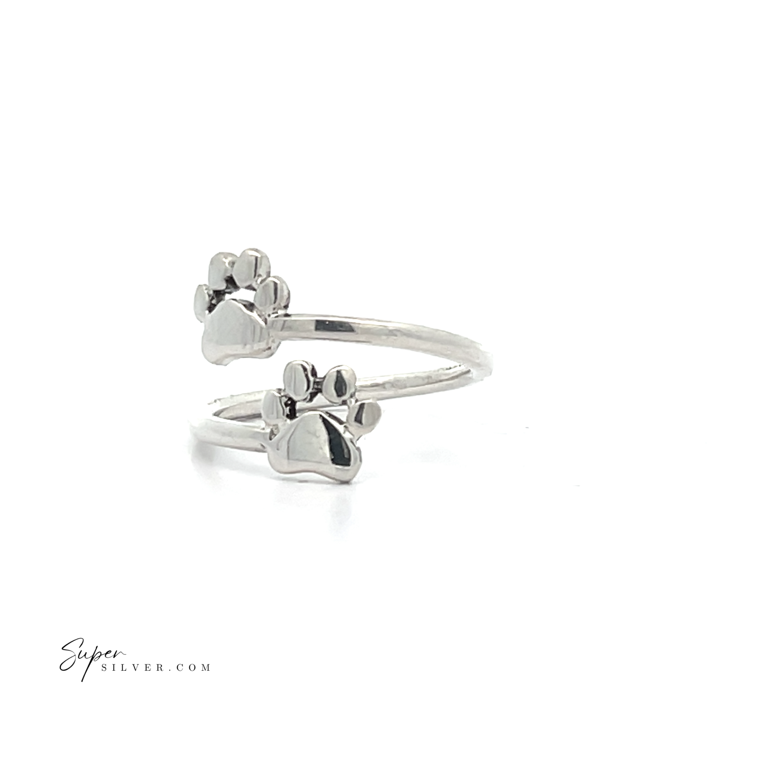 The Paw Print Adjustable Ring is crafted from sterling silver and showcases two delightful paw-shaped designs on a sleek white background, making it an ideal accessory for any pet enthusiast. Offering both style and comfort, this ring's adjustable nature ensures a perfect fit.