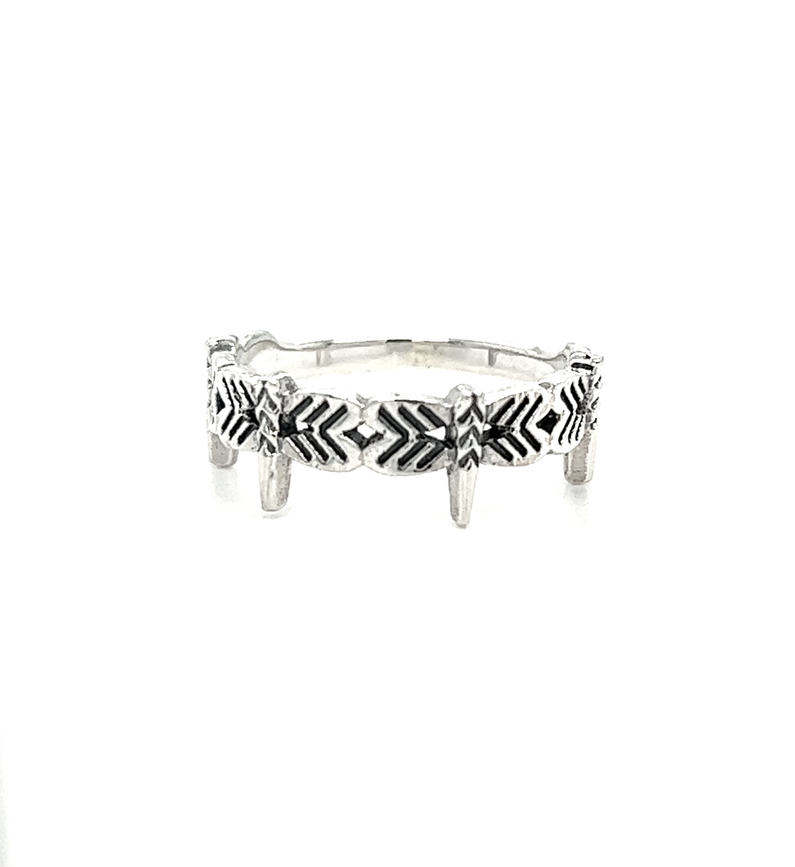 A silver Dragonfly Band adorned with intricate dragonfly designs in black and white.