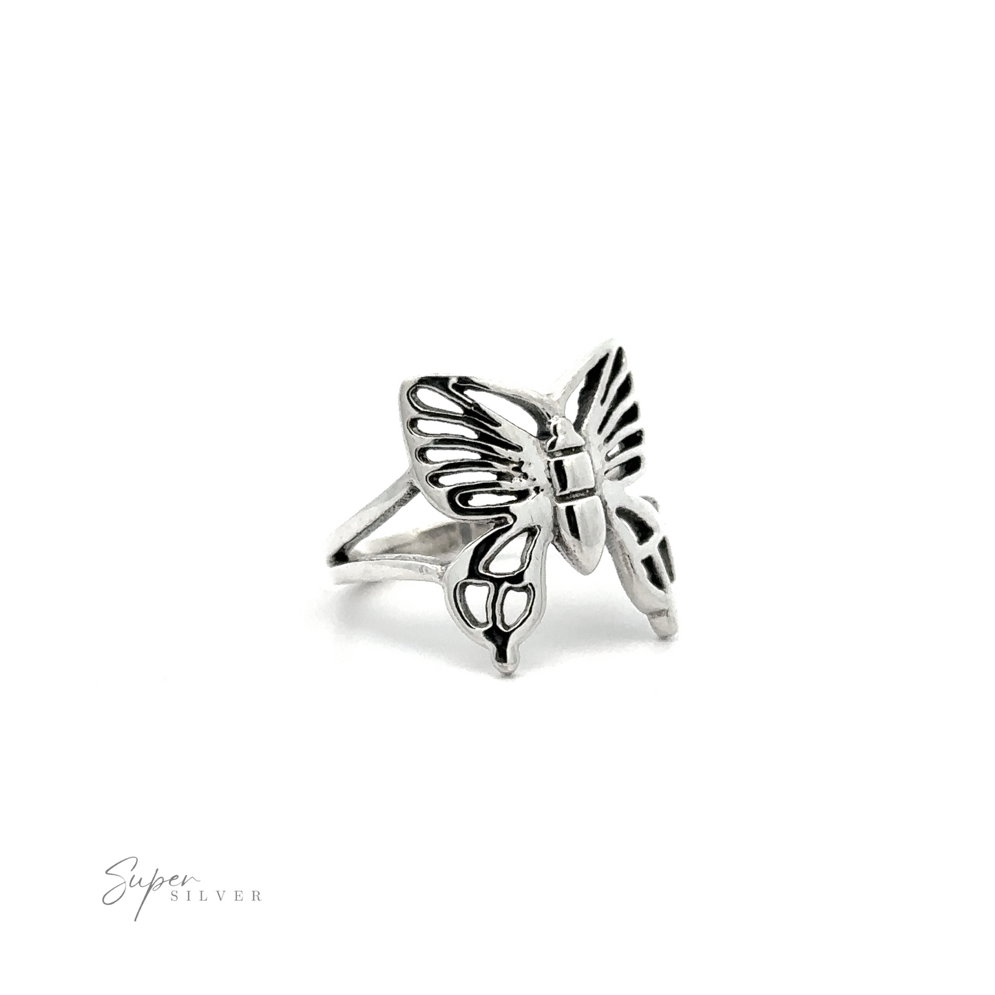 A Sterling Silver Butterfly Ring on a white background.