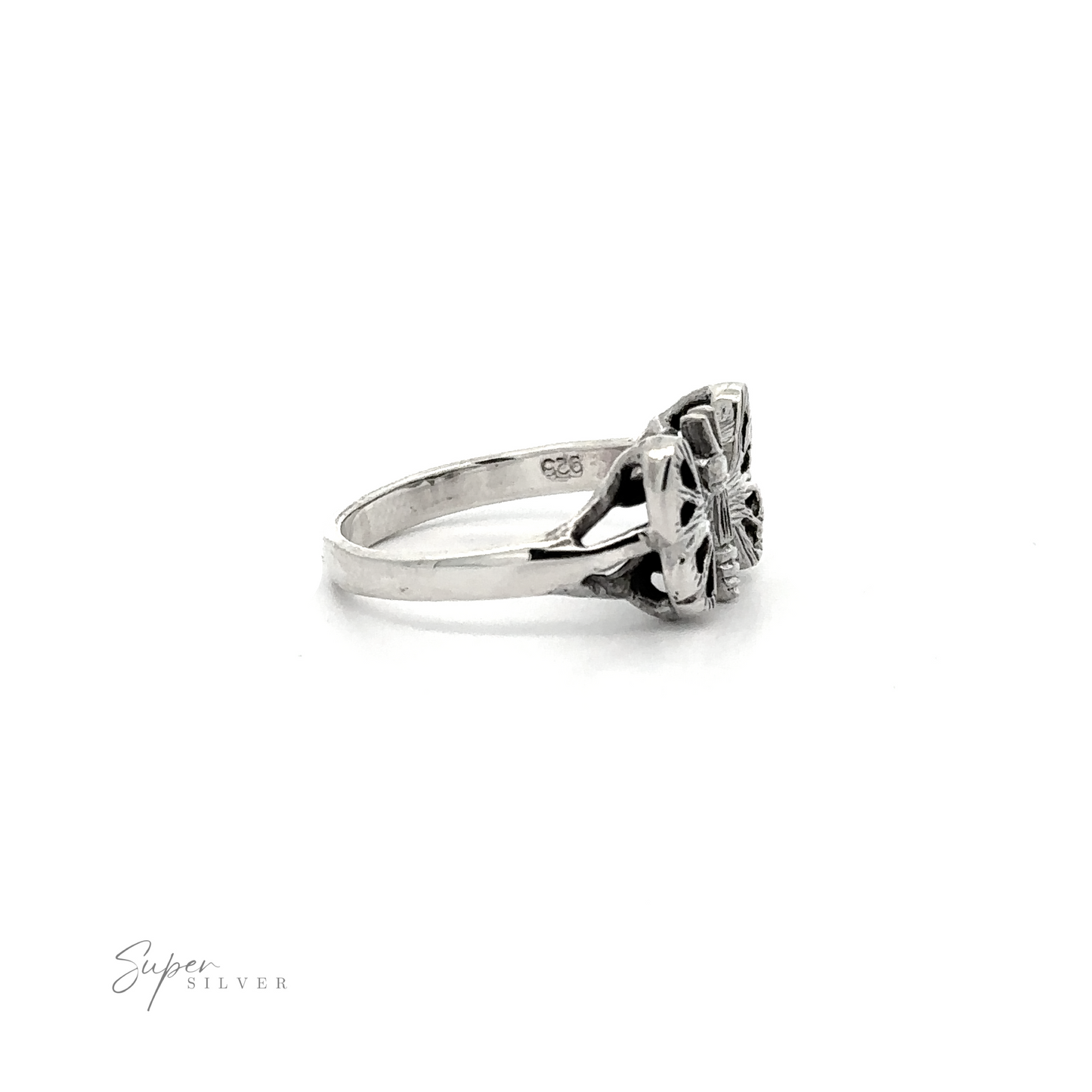 
                  
                    A Silver Butterfly Ring with a thick band and small diamonds on it.
                  
                