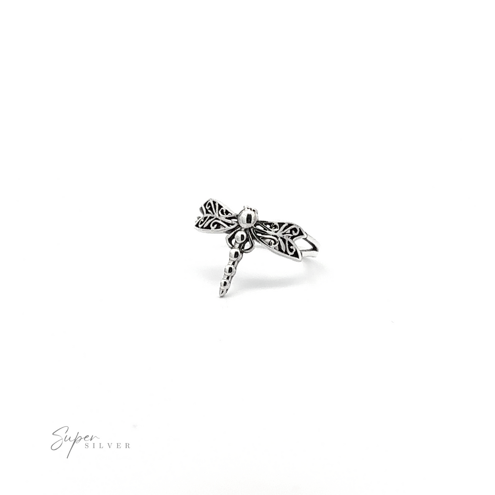 
                  
                    A Silver Dragonfly Ring with filigree etching on a white background, perfect for nature lovers.
                  
                