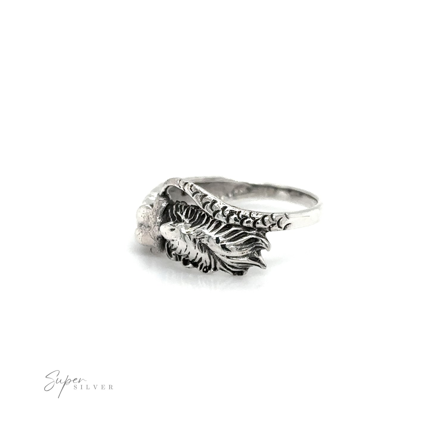 
                  
                    A silver Mermaid Ring with Swirly Tail with an intricate ocean-inspired design.
                  
                