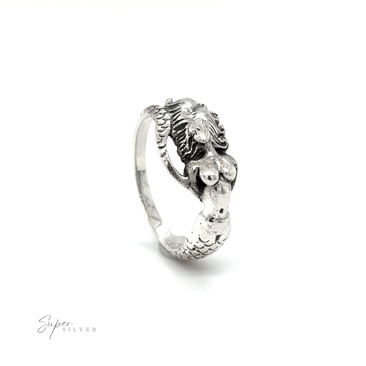 A Mermaid Ring with Swirly Tail with a lion on it.