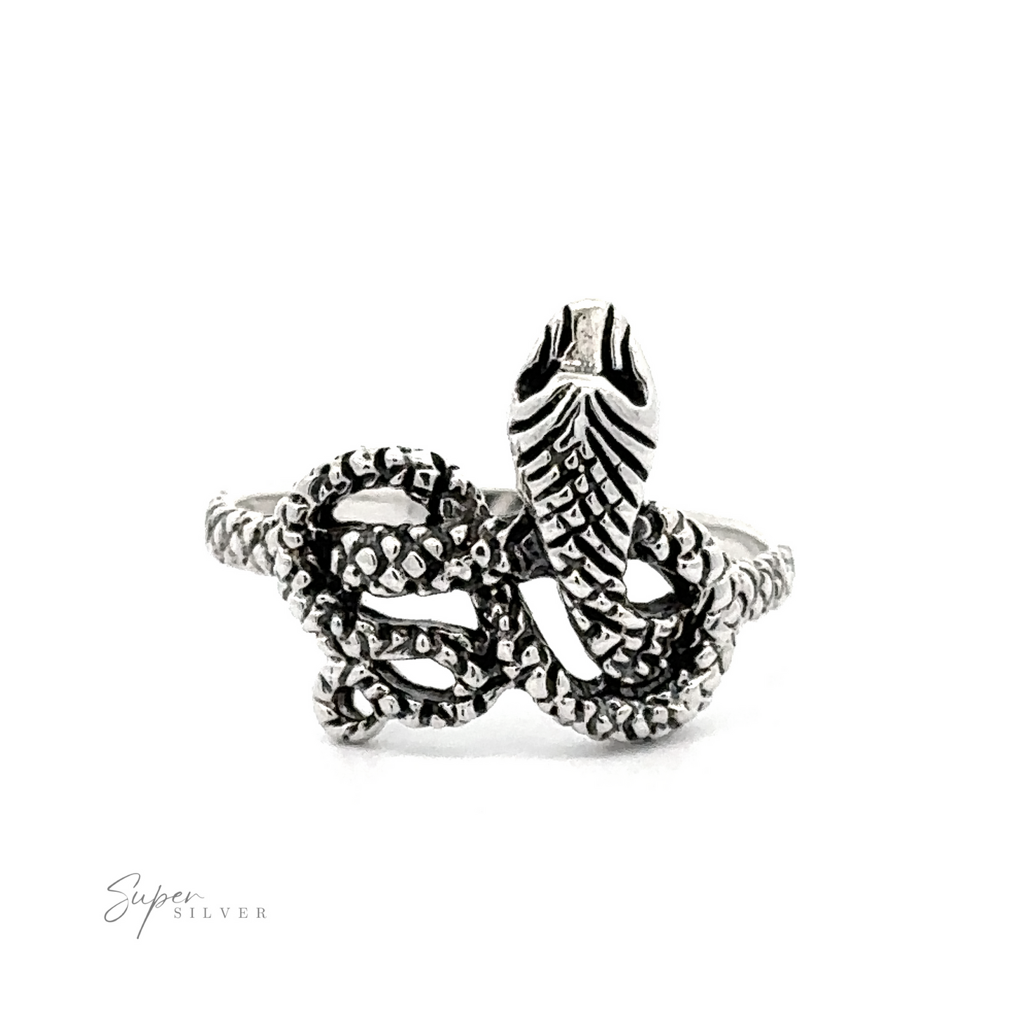 Sentence with product name: A Twisted Snake Ring featuring two intertwined, textured snake designs, set against a white background with a "super silver" watermark.