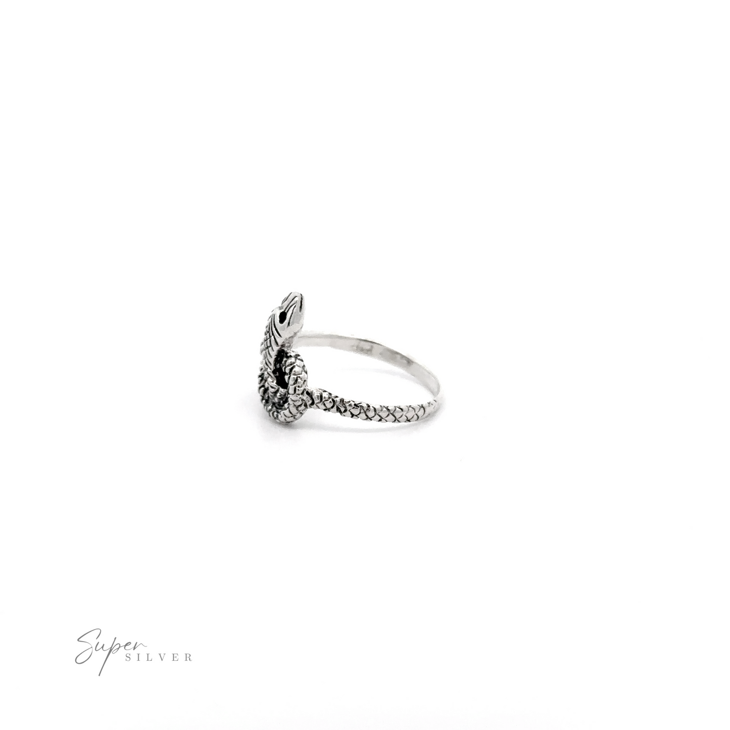 
                  
                    Twisted Snake Ring with a textured band and a feather design wrapping partly around the band, displayed against a white background with "super silver" signature in the corner.
                  
                