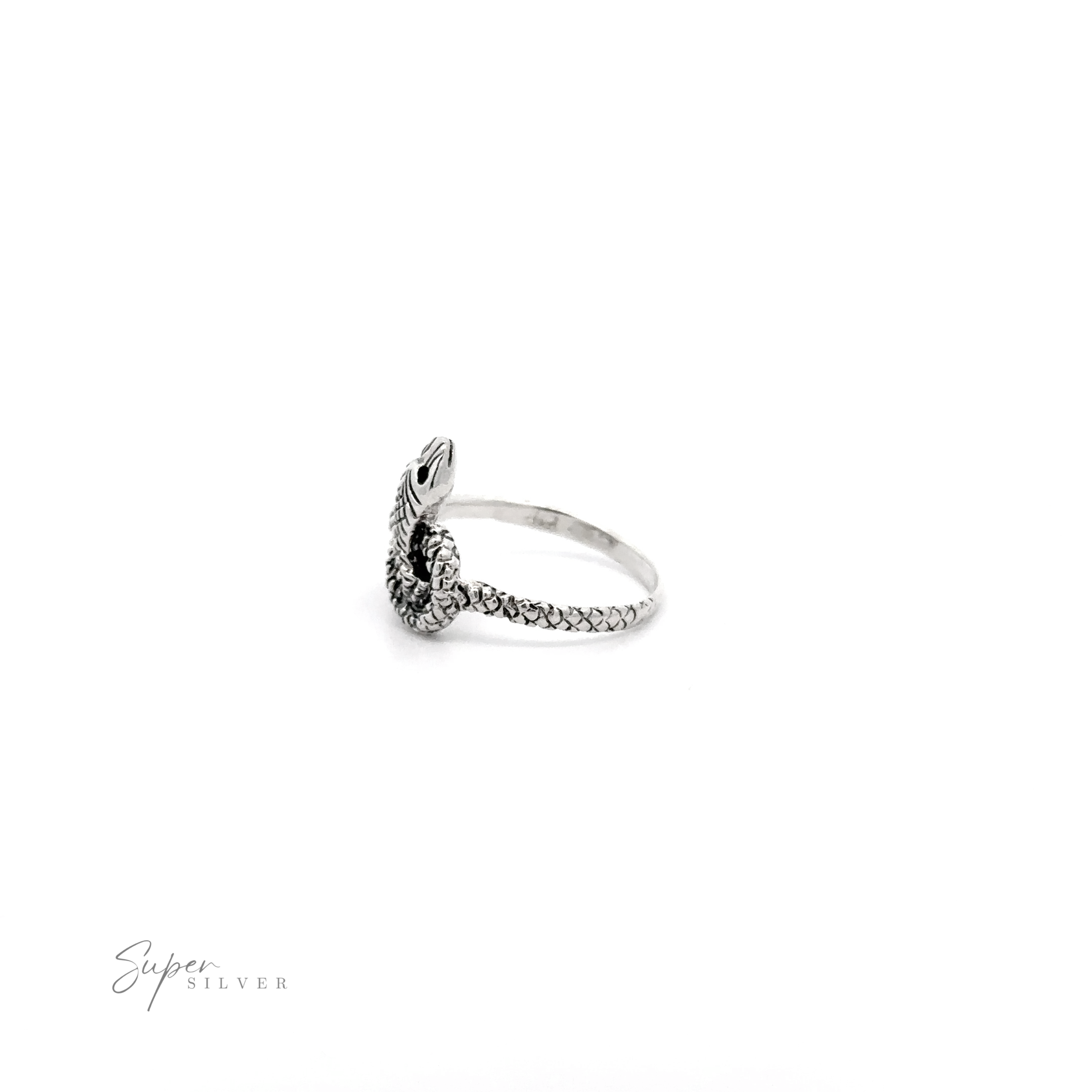 Twisted Snake Ring with a textured band and a feather design wrapping partly around the band, displayed against a white background with "super silver" signature in the corner.