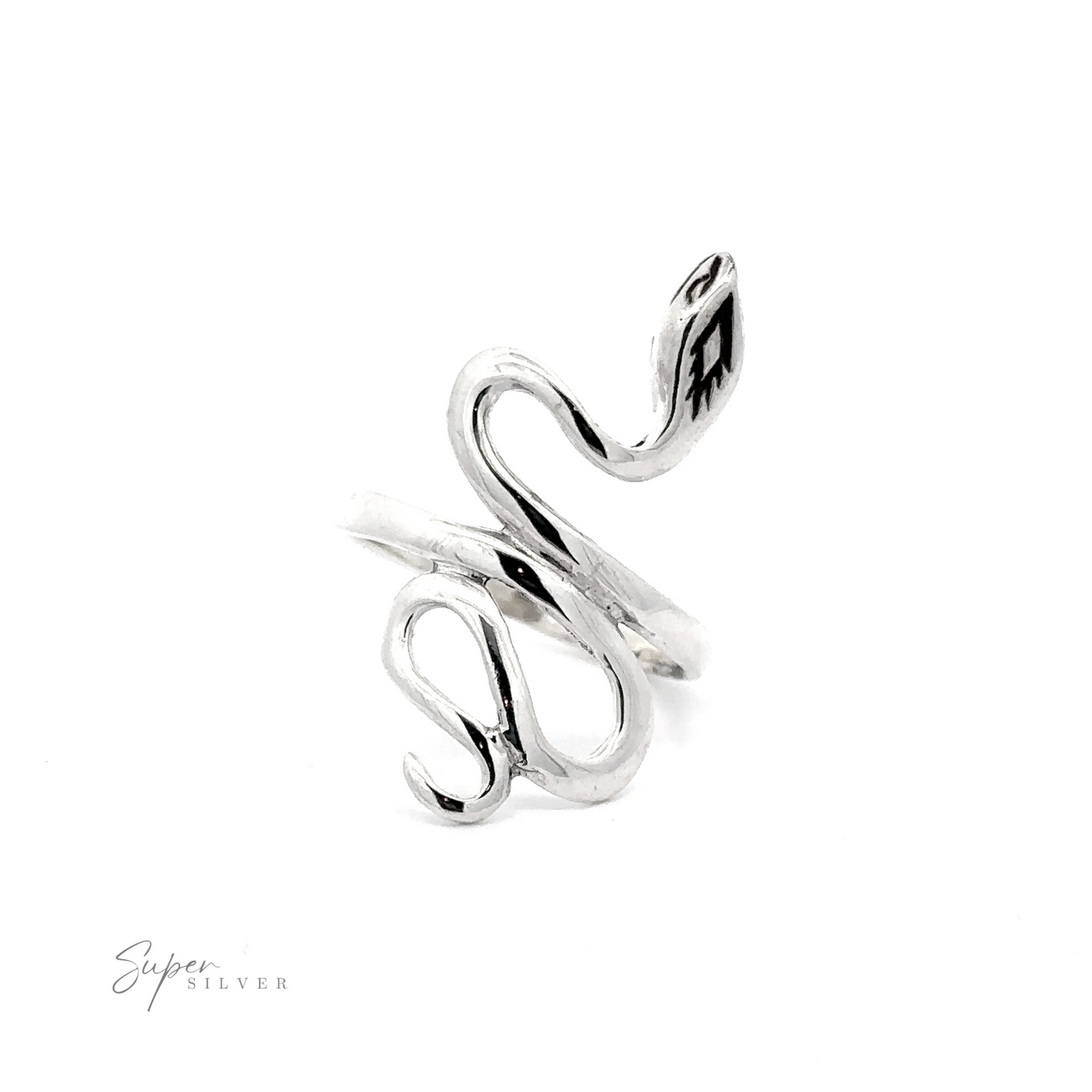 
                  
                    Coiled Snake Ring With Fine Finish with a coiled design, featuring engraved details on the tail and head, displayed on a white background with "super silver" signature.
                  
                