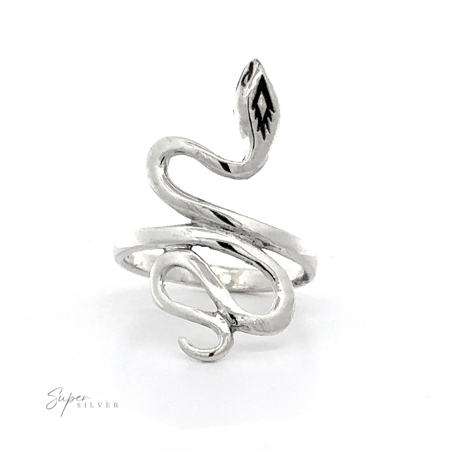 A Coiled Snake Ring With Fine Finish with a polished finish, showcasing an intricate, twisty design and subtle engravings at one end.