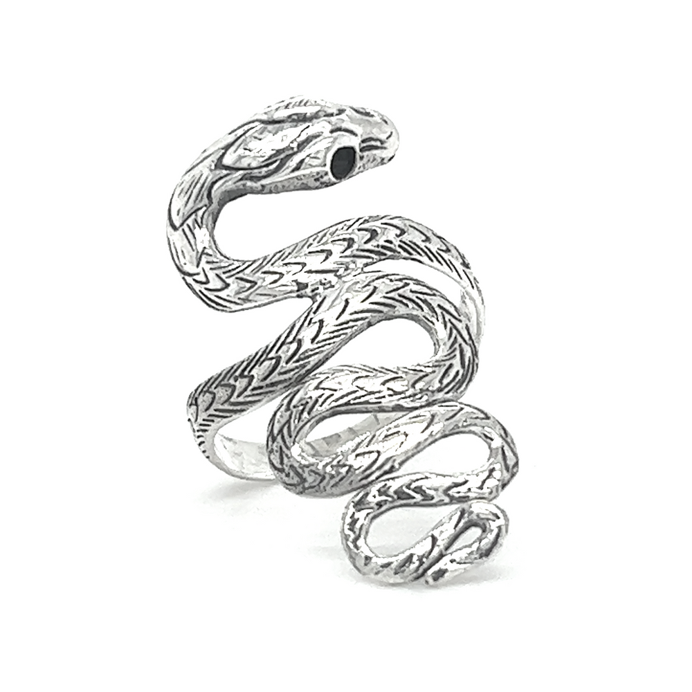 Captivating Statement Snake Ring with intricate scale detailing, coiled design, and a detailed head, on a white background.