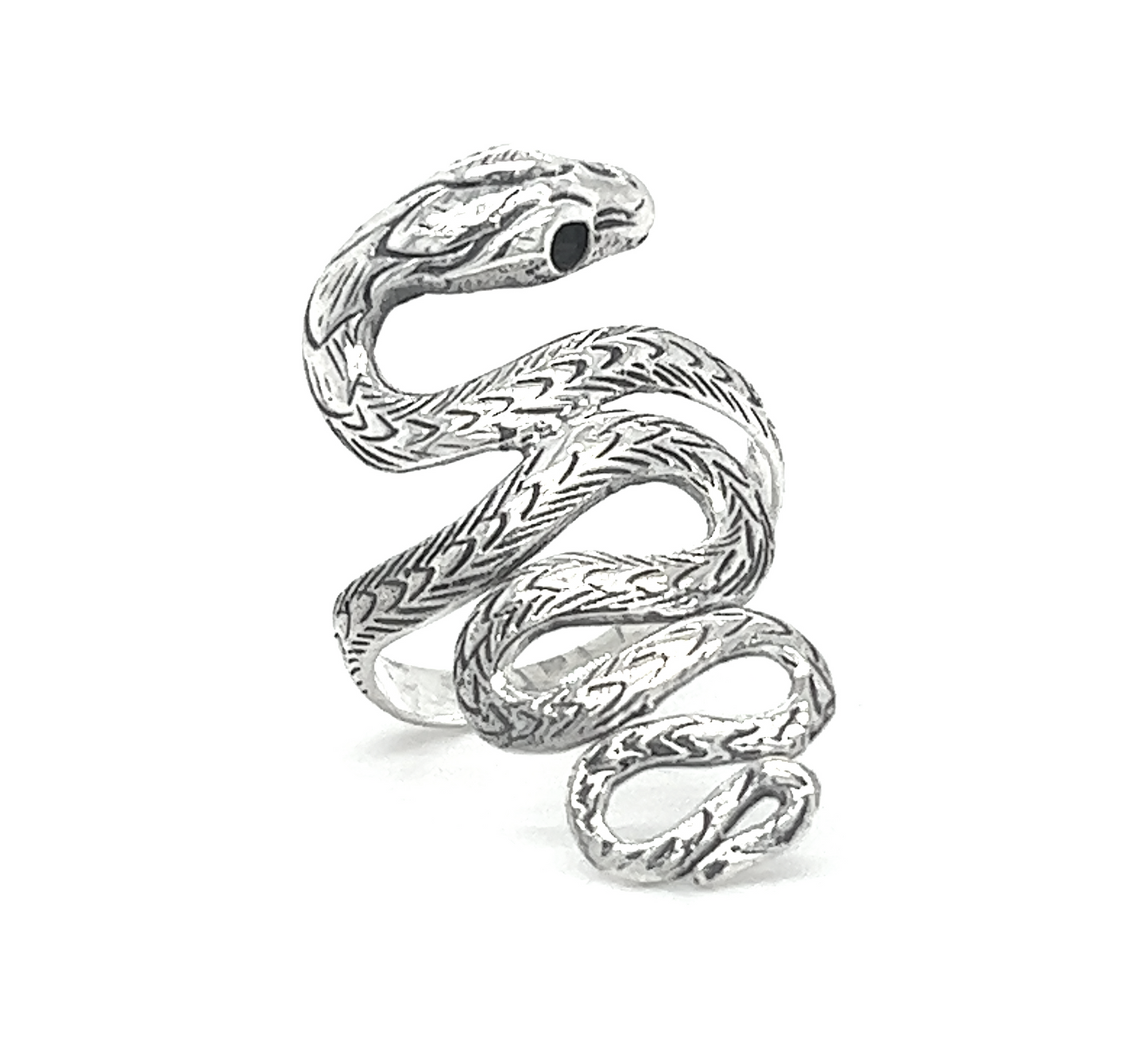 Captivating Statement Snake Ring with intricate scale detailing, coiled design, and a detailed head, on a white background.