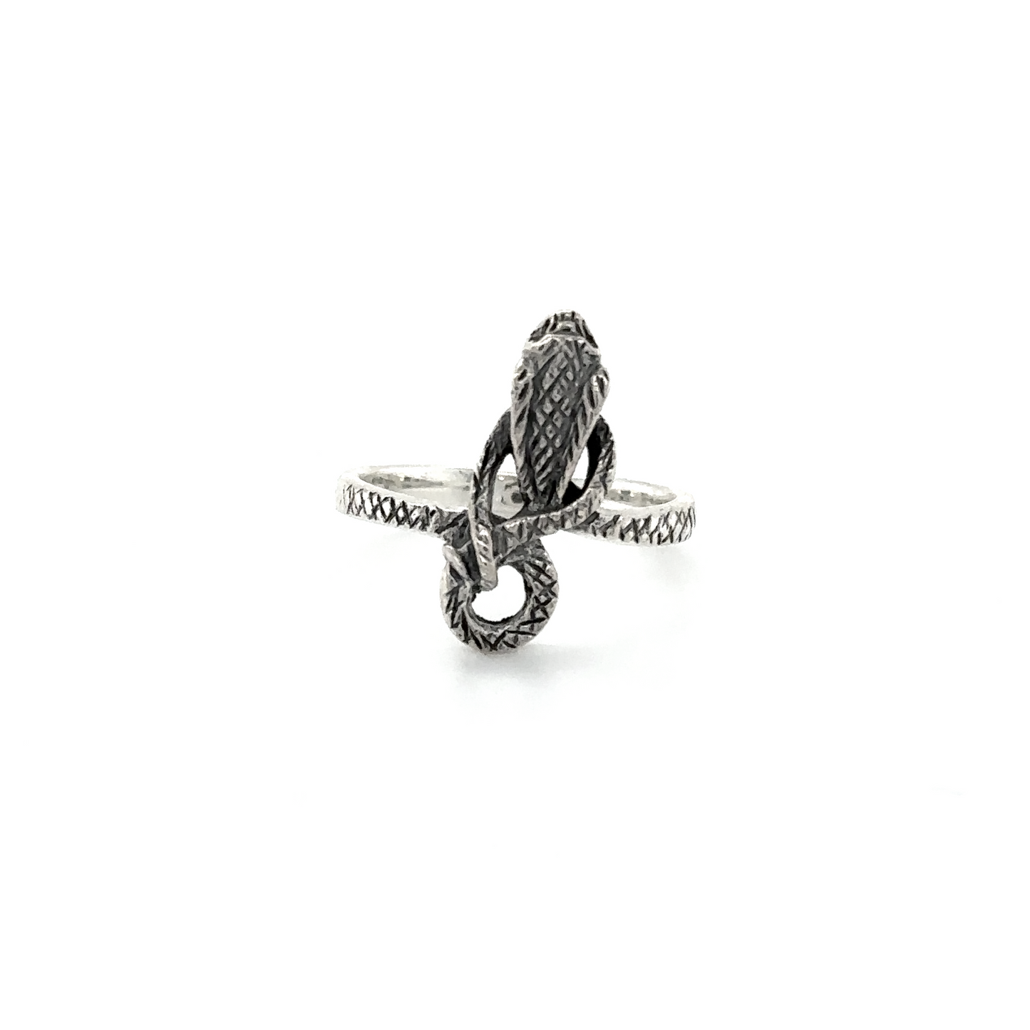 
                  
                    Coiled Cobra Snake Ring featuring a detailed serpent design wrapped around the band, isolated on a white background.
                  
                