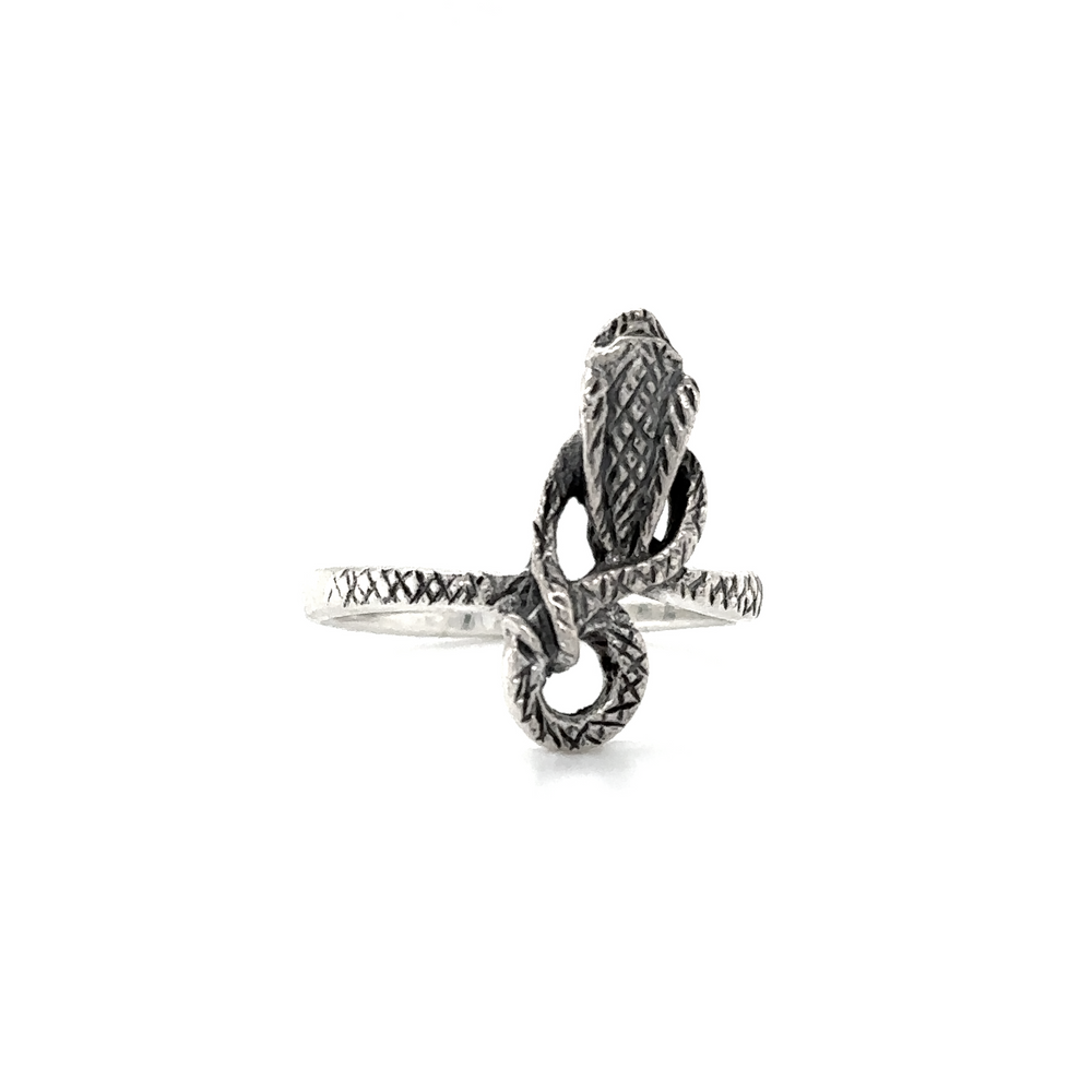 
                  
                    Coiled Cobra Snake Ring featuring a detailed, coiled cobra snake design, isolated on a white background.
                  
                