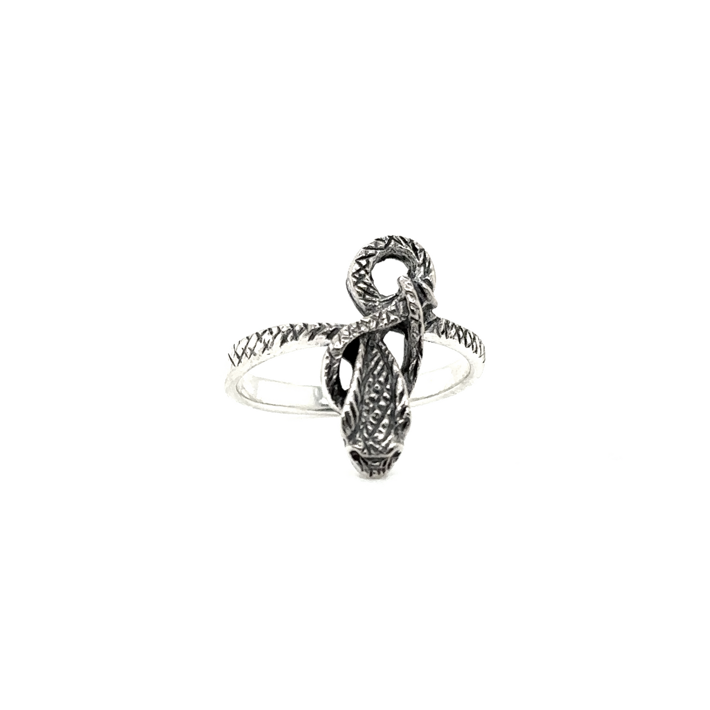 
                  
                    Coiled Cobra Snake Ring with textured scales and intertwined tail design, isolated on a white background.
                  
                