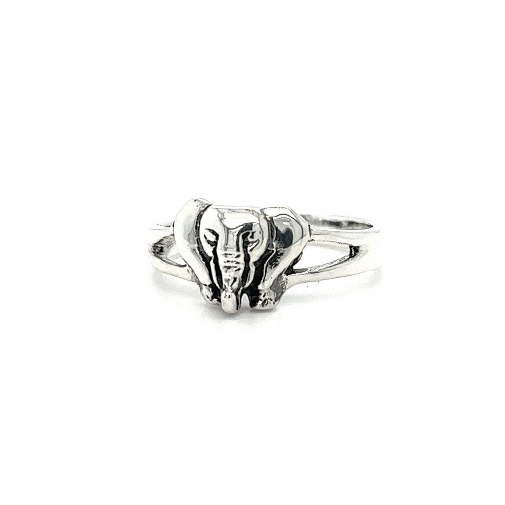 A .925 sterling silver Cute Elephant Head ring on a white background.