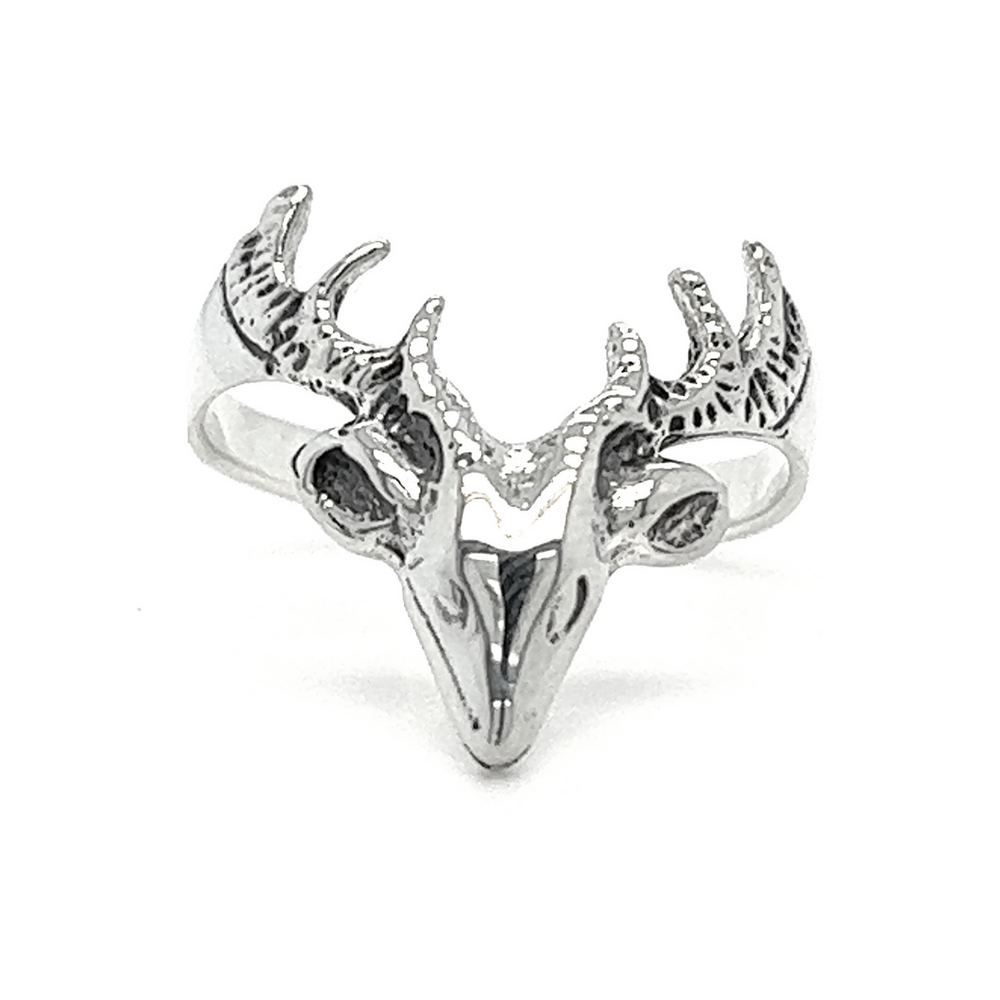 An earthly Deer Head Ring crafted from .925 Sterling Silver, featuring a deer head design - perfect for any wildlife lover.