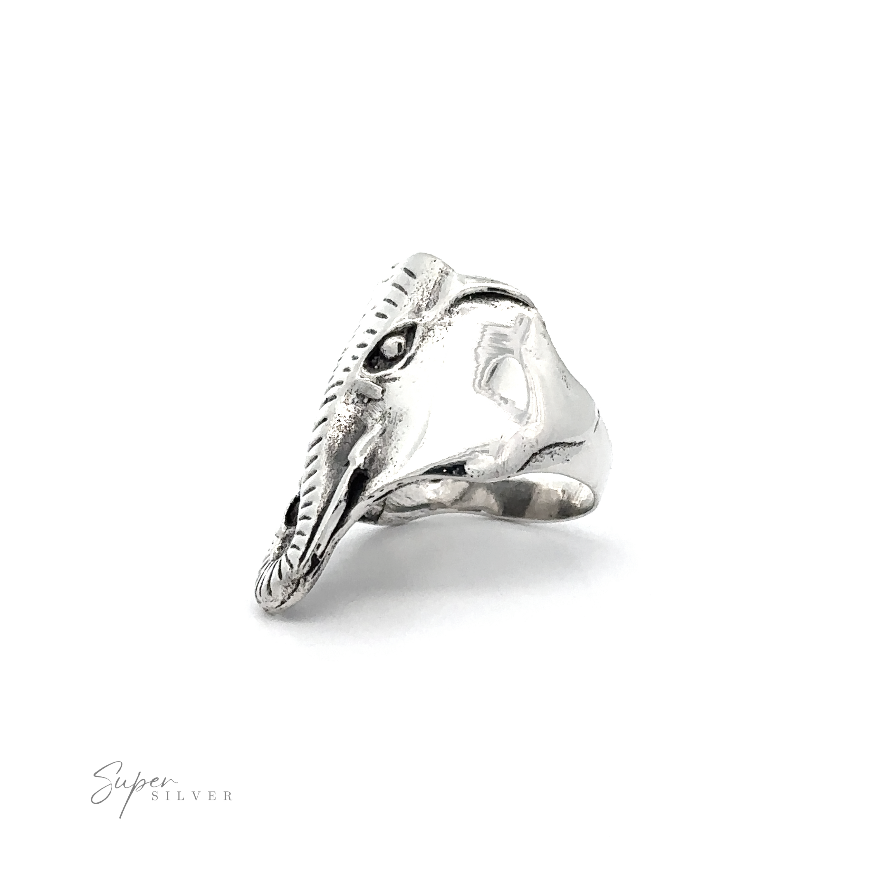 Elephant Ring designed to resemble an elephant face with detailed features, crafted from .925 Sterling Silver.