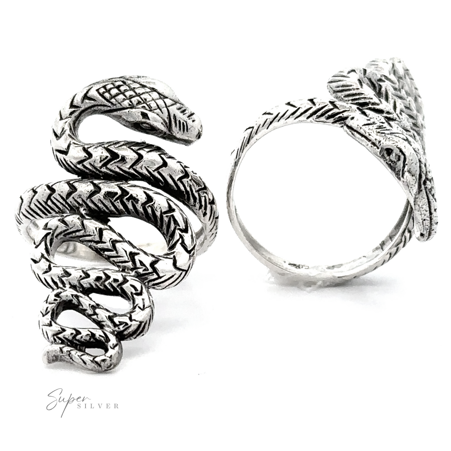 Three Slithering Snake Rings with intricate textures and patterns on a white background.