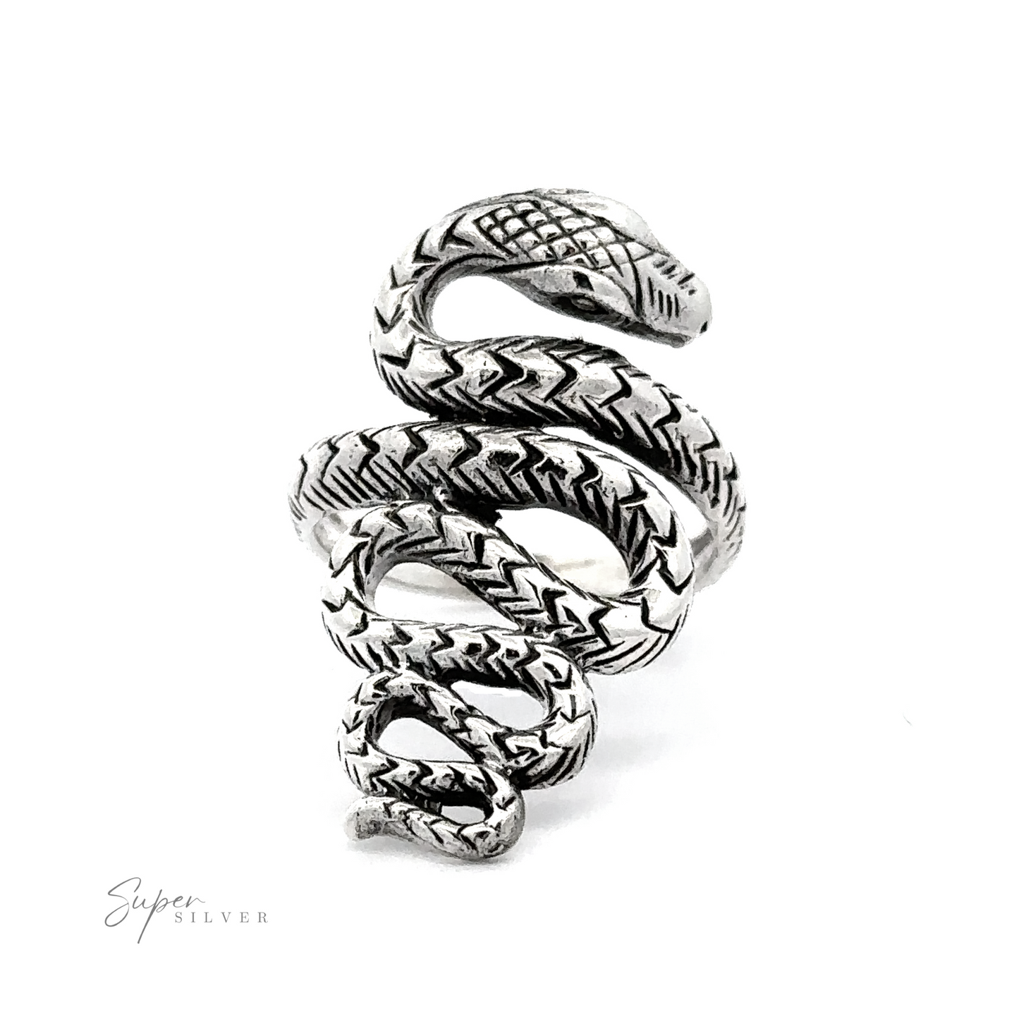 A slithering snake ring featuring intricate etched patterns, displayed on a white background with a signature "super silver" at the bottom.