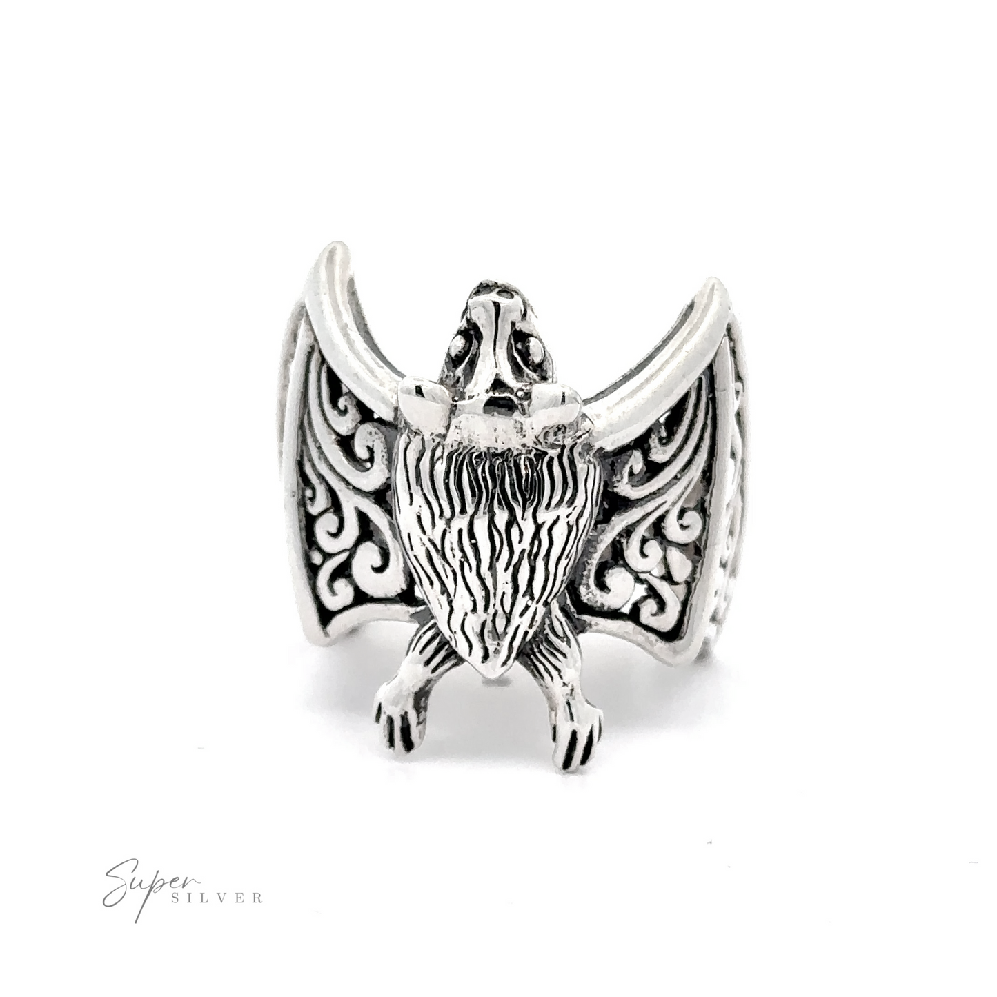 Statement Bat Ring shaped like an eagle with spread wings and detailed engraving, displayed on a white background.