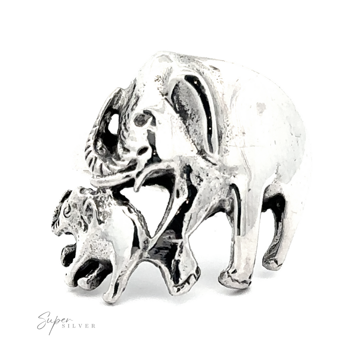 A Silver Elephant and Calf Ring with intricate design details, isolated on a white background with a watermark reading "super silver.
