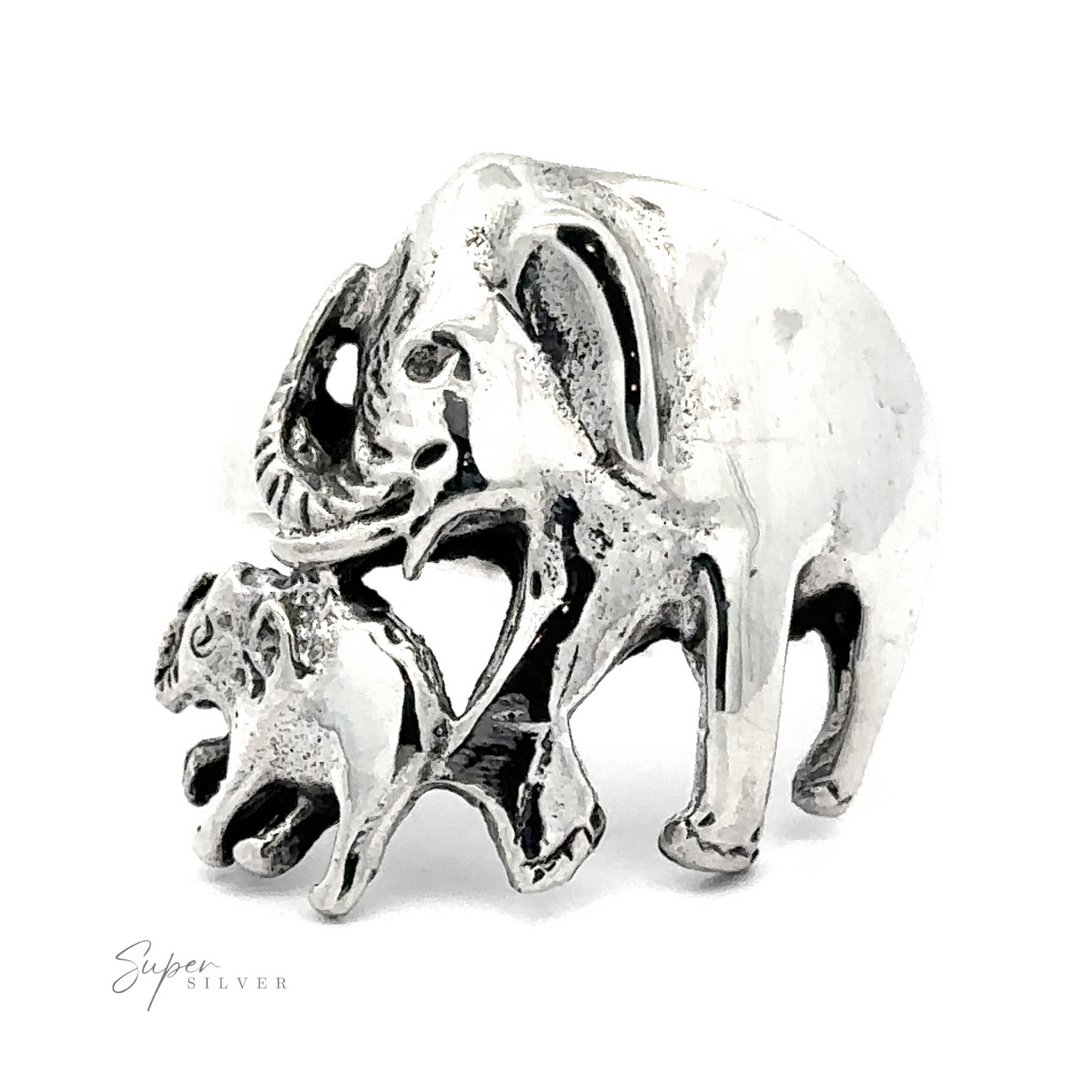 An intricately designed Silver Elephant and Calf Ring sculpture with a smaller elephant figure beneath it.