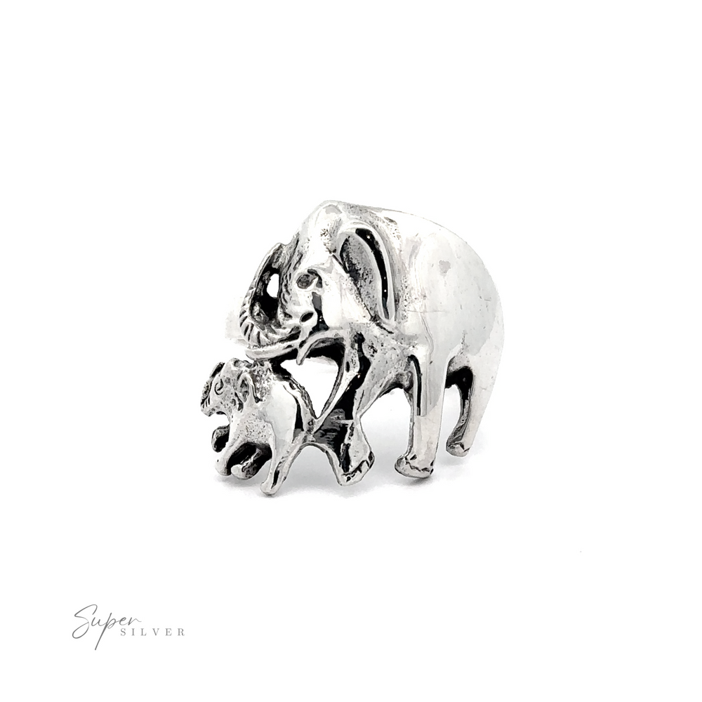 
                  
                    Silver Elephant and Calf Ring with intricate filigree design, crafted from .925 Sterling Silver.
                  
                