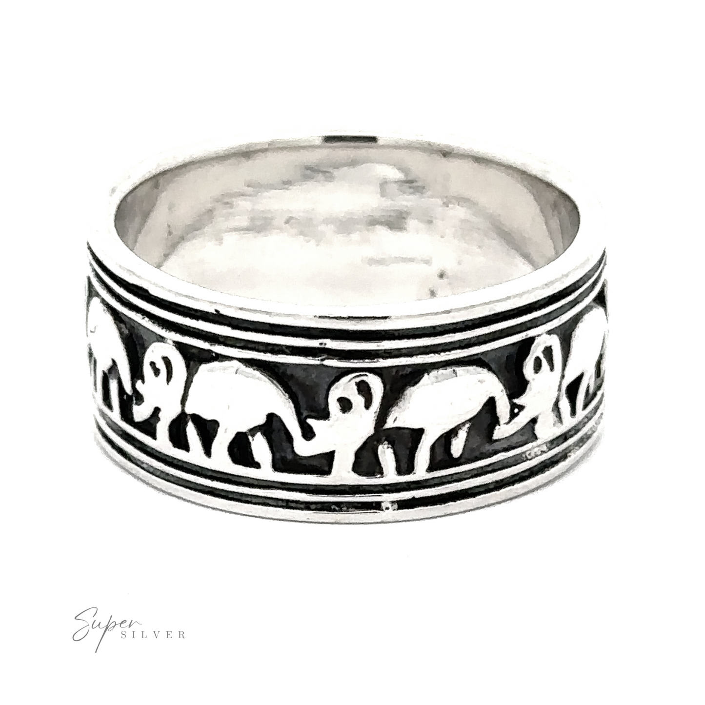 Silver Marching Elephants Band 925 sterling silver ring with elephant design on white background.