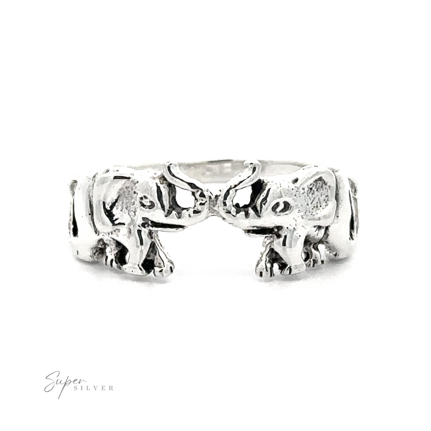 Sterling silver Elephant Pair Ring featuring elephant figures facing each other with playful affection.