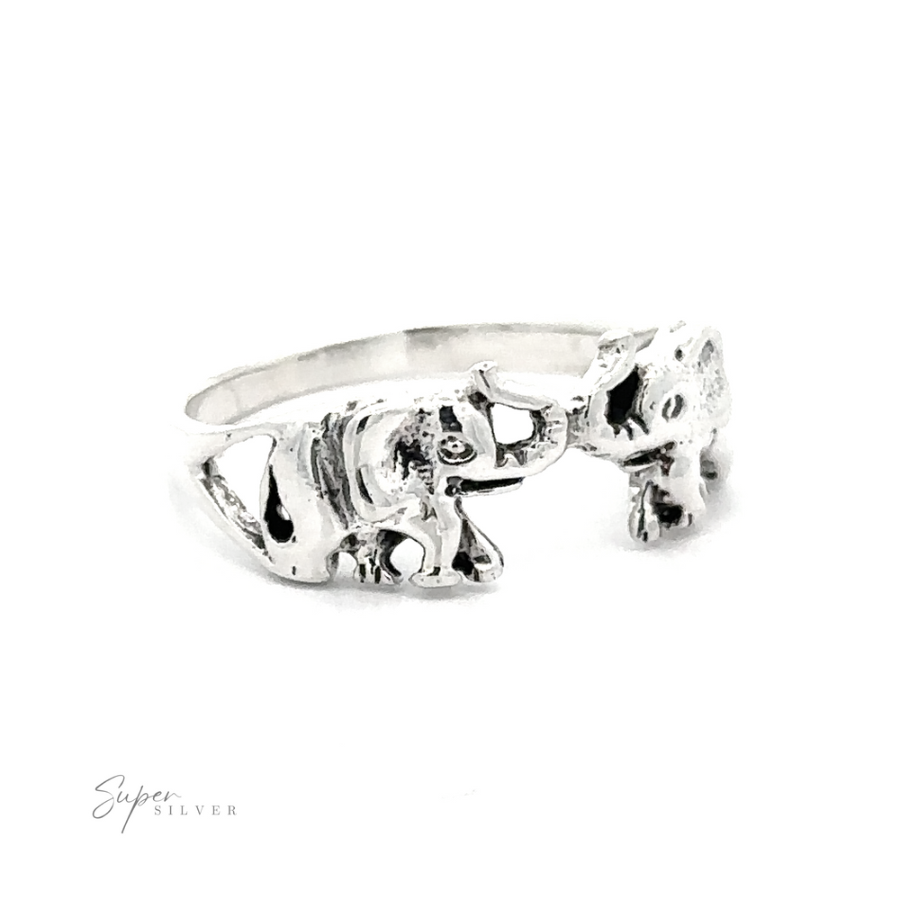 .925 Sterling Silver Elephant Pair Ring designed with elephant figures symbolizing togetherness.