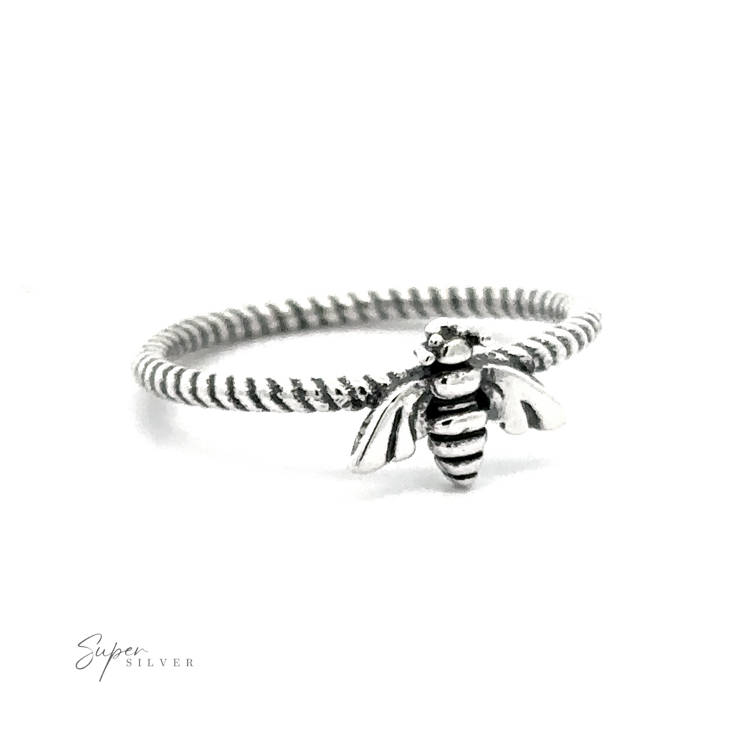 A silver Bee Ring with Twisted Band with a patina finish on a white background.