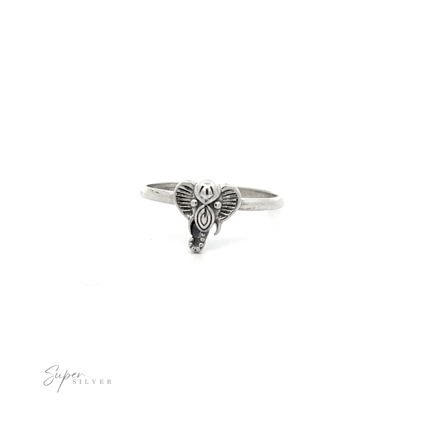 
                  
                    Tribal Elephant Head Wire Ring with heart-shaped filigree design in .925 Sterling Silver on a white background.
                  
                