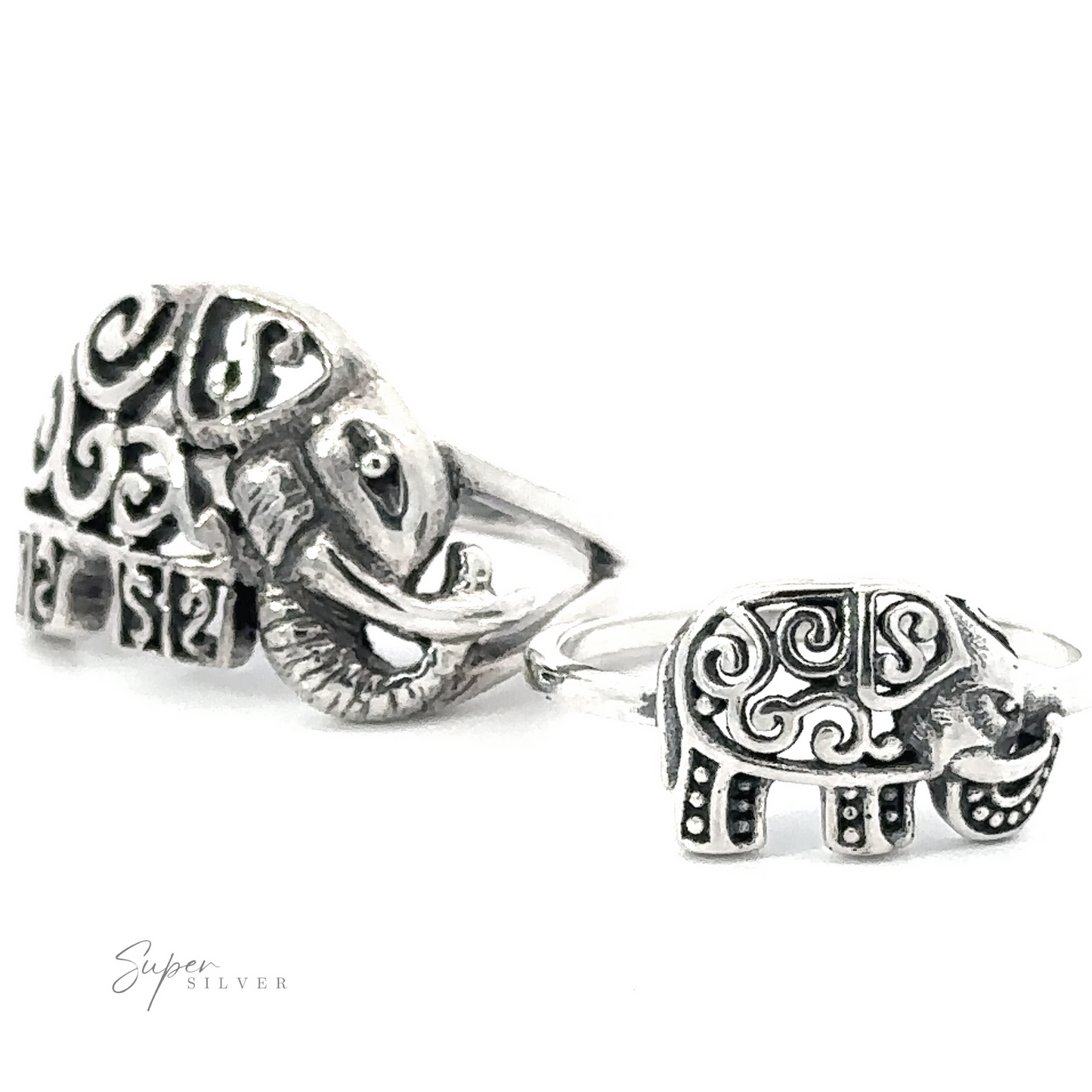 Filigree Elephant Ring with ornate patterns on a white background.