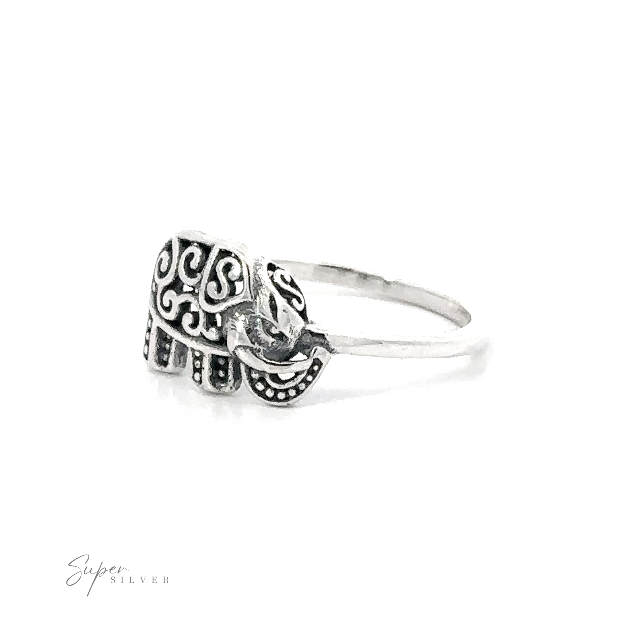 A Filigree Elephant Ring with ornate filigree elephant designs on a white background with the text "super silver" in cursive font.