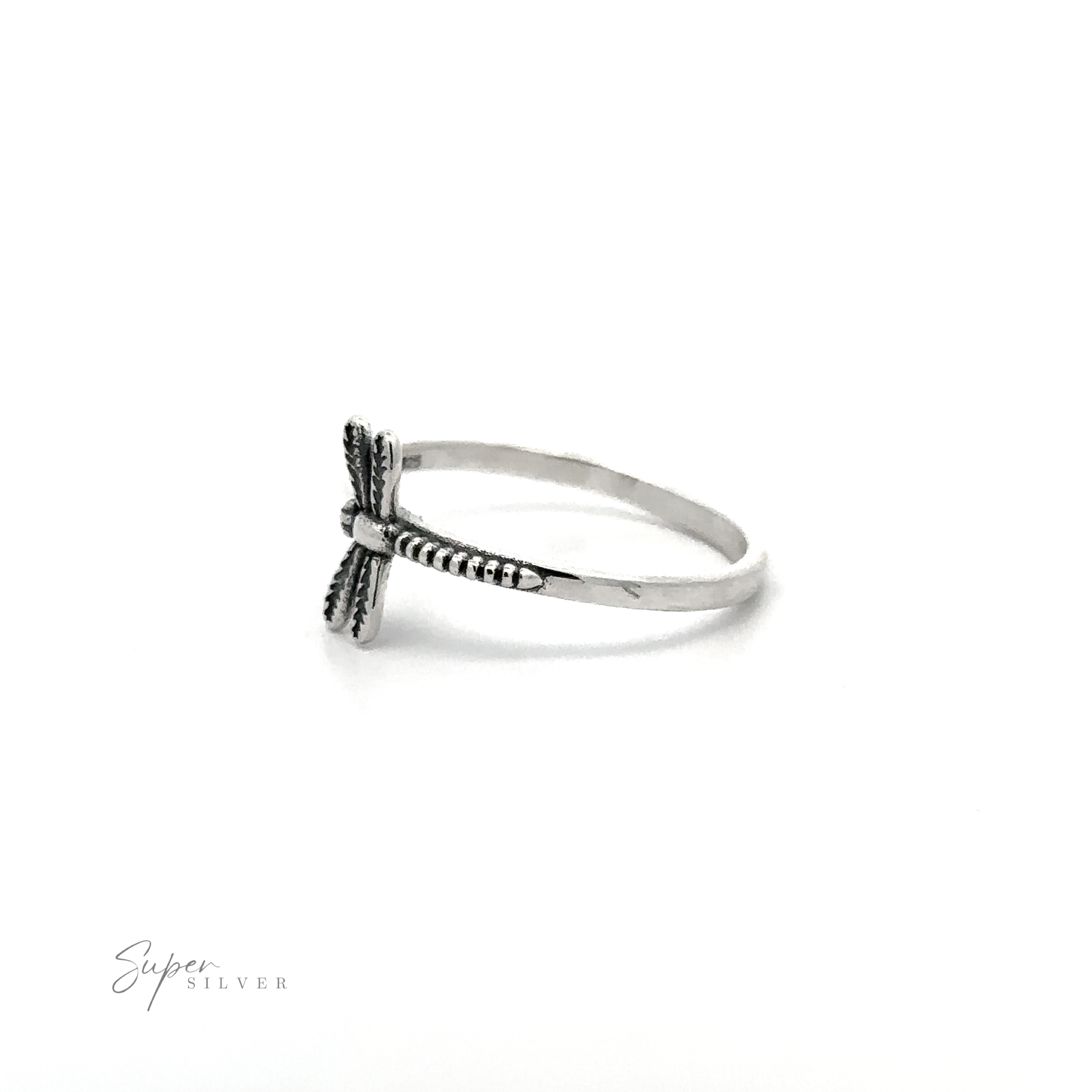 A minimal silver Dainty Dragonfly Ring with a dragonfly motif.