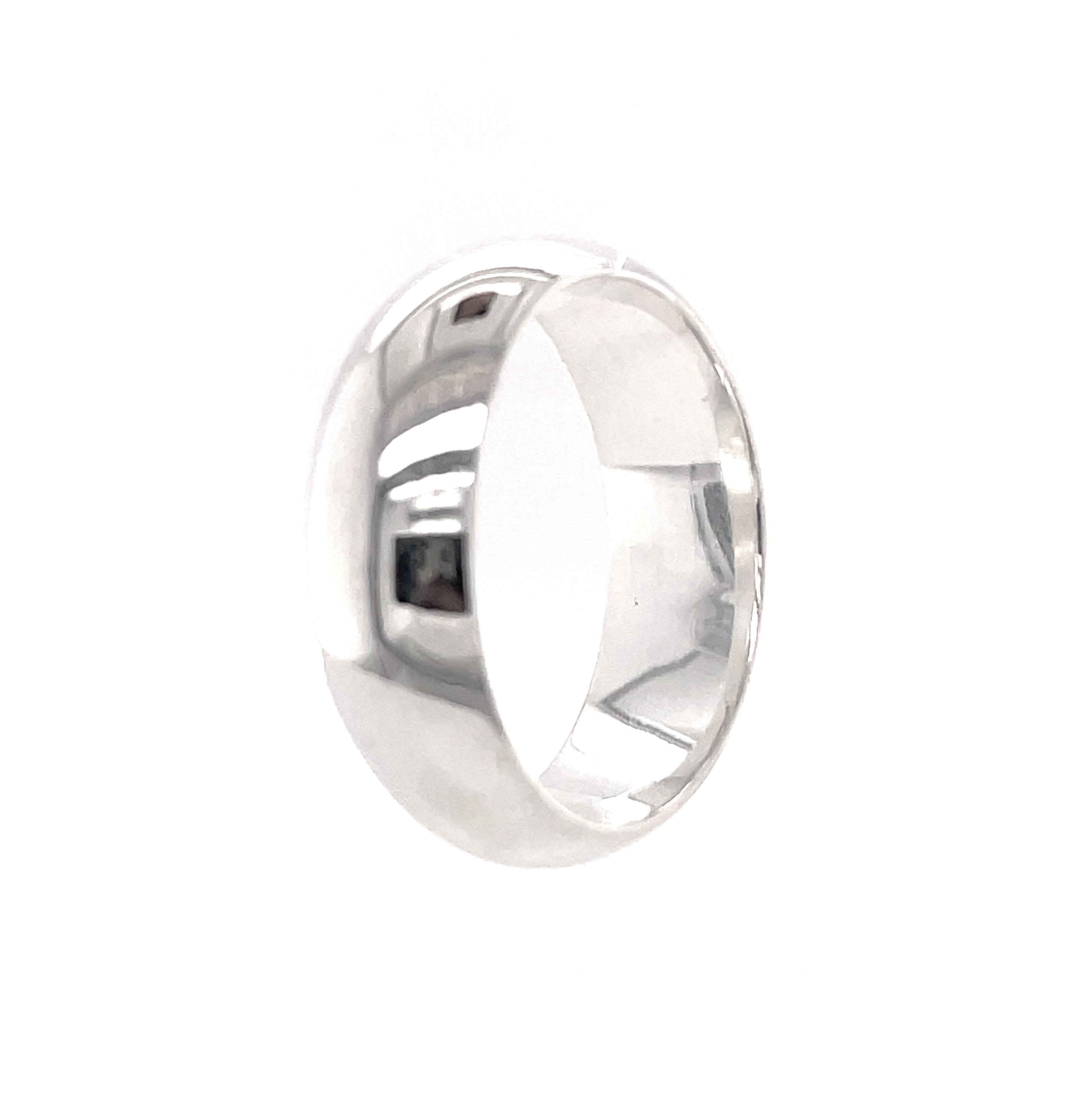 A simple 8mm Plain Band wedding ring on a white background.