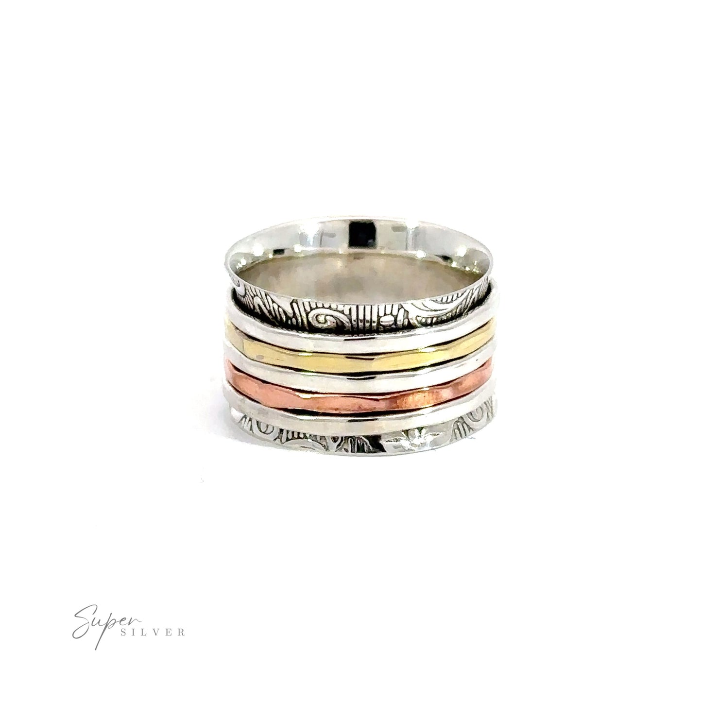 A Handmade Tricolor Etched Spinner Ring in silver and gold with three different designs.