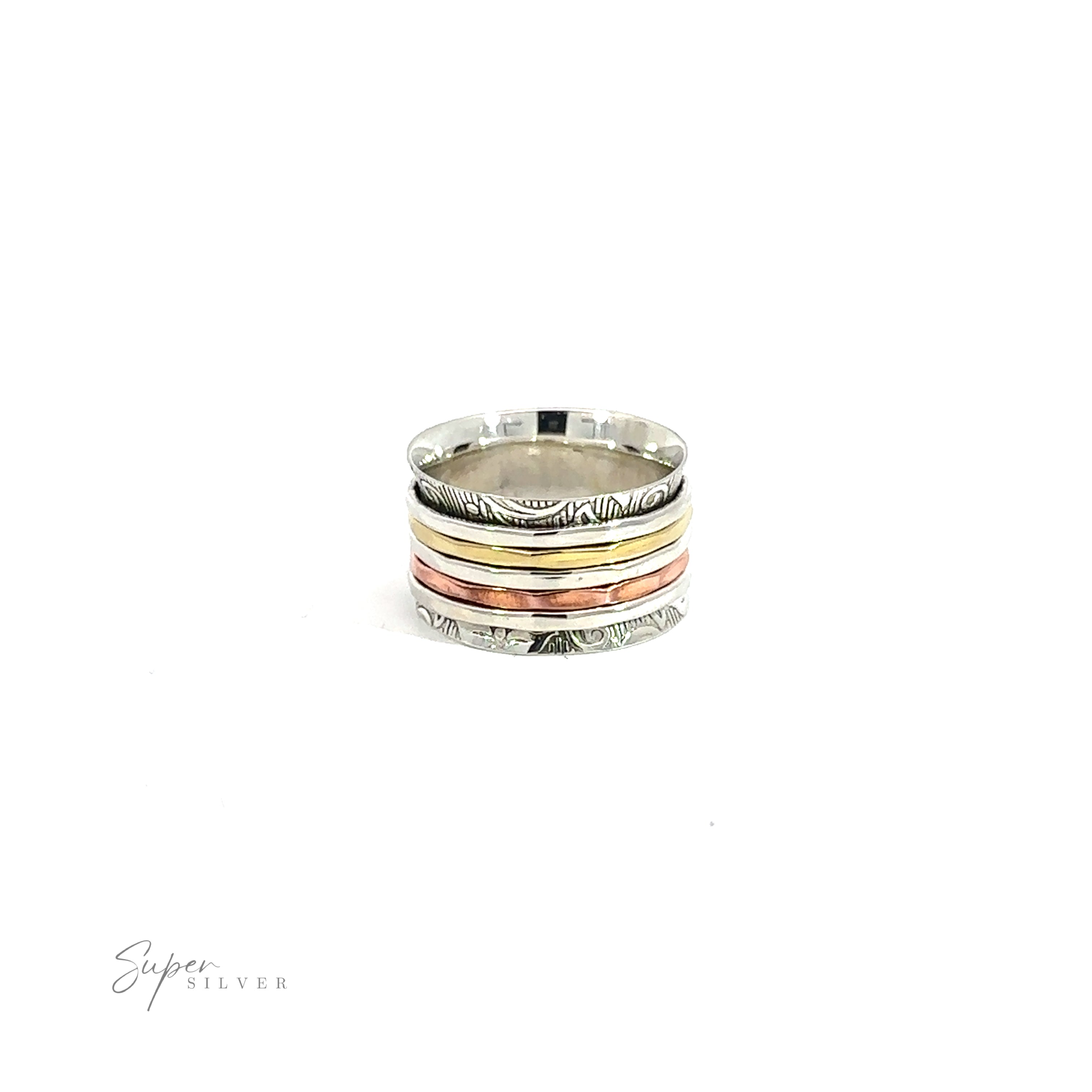 A Handmade Tricolor Etched Spinner Ring with three different colors.