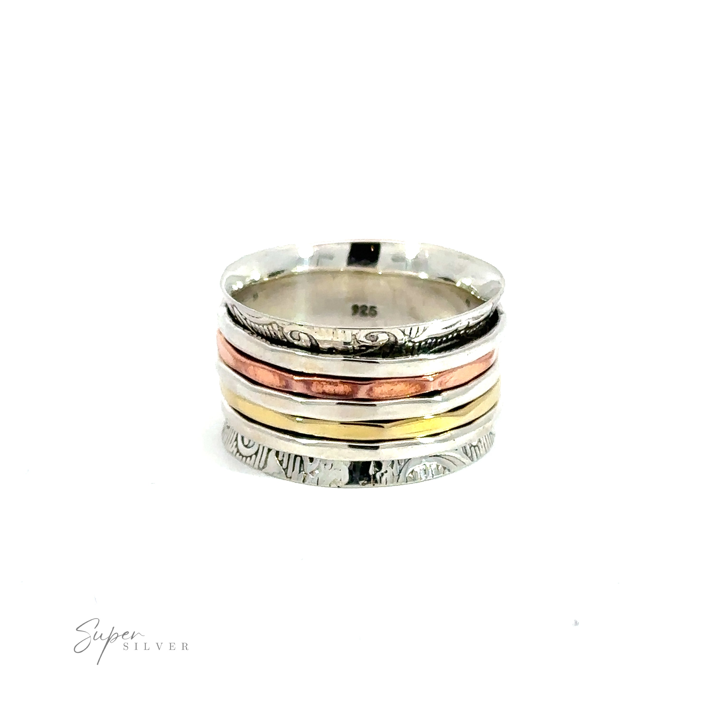 A stack of Handmade Tricolor Etched Spinner Rings on a white background.