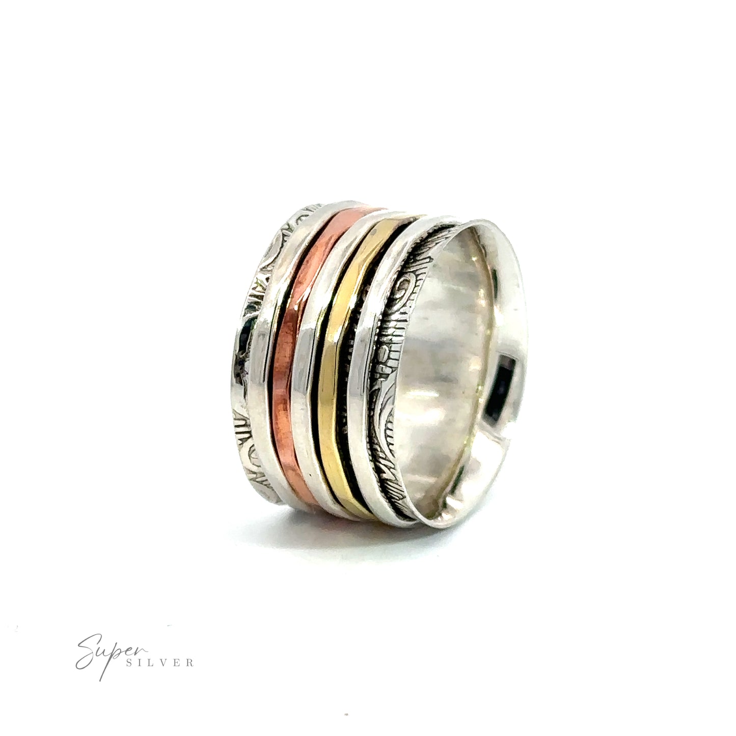 A silver and gold Handmade Tricolor Etched Spinner Ring with three different colors.