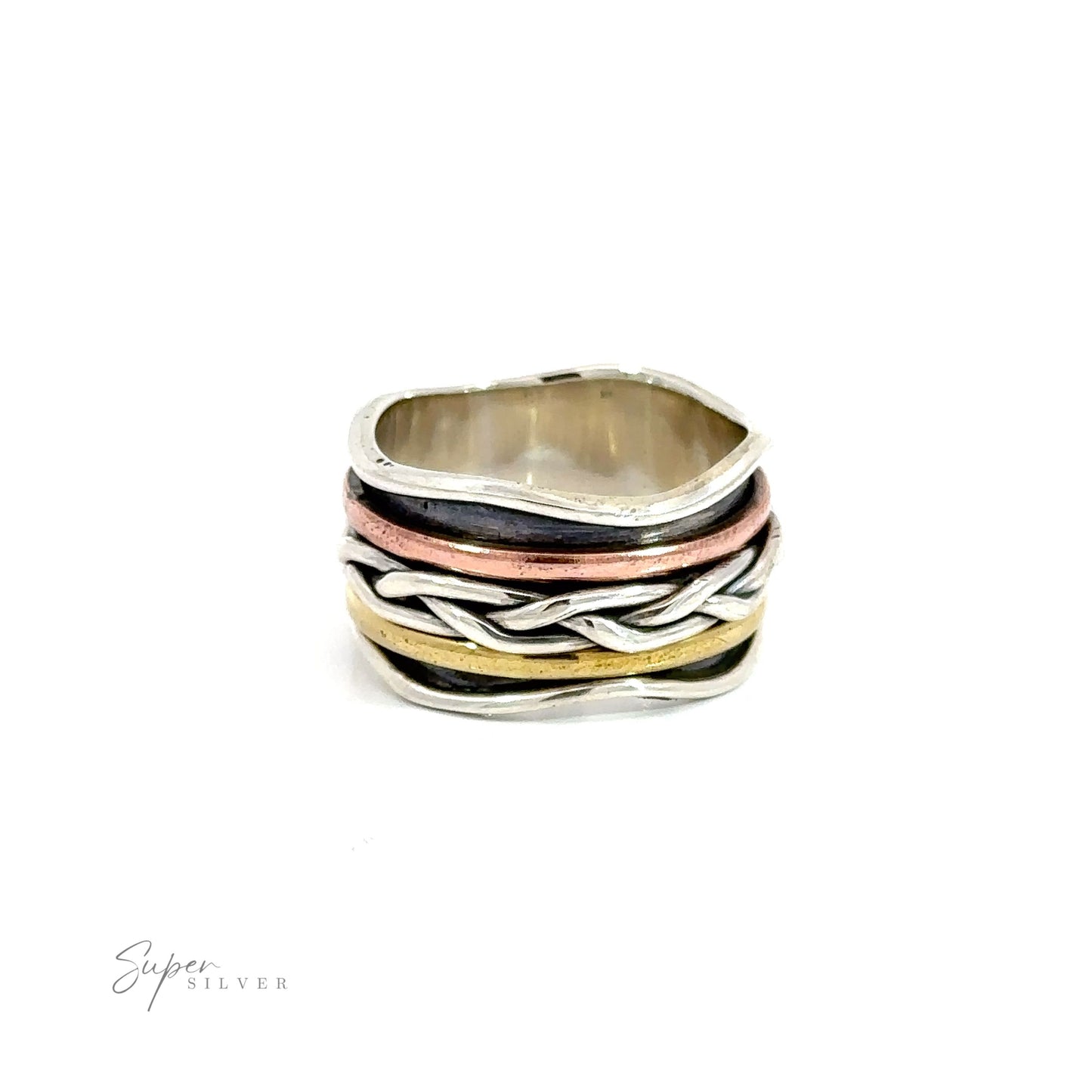 A Handmade Spinner with Gold, Copper, and a Braided Silver Band with multi colored stripes on it.